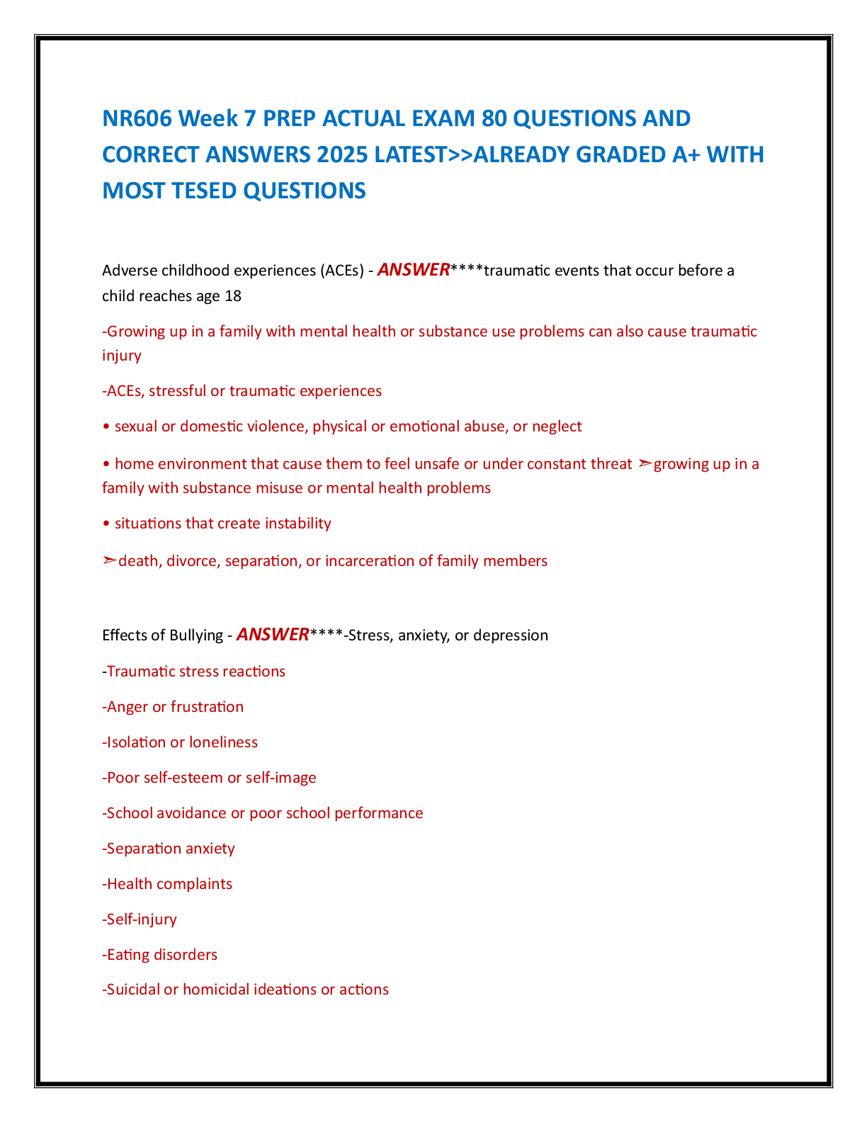Preview image for NR606 Week 7 PREP ACTUAL EXAM 80 QUESTIONS AND  CORRECT ANSWERS 2025 LATEST>>ALREADY GRADED A+ WITH  MOST TESED QUESTIONS