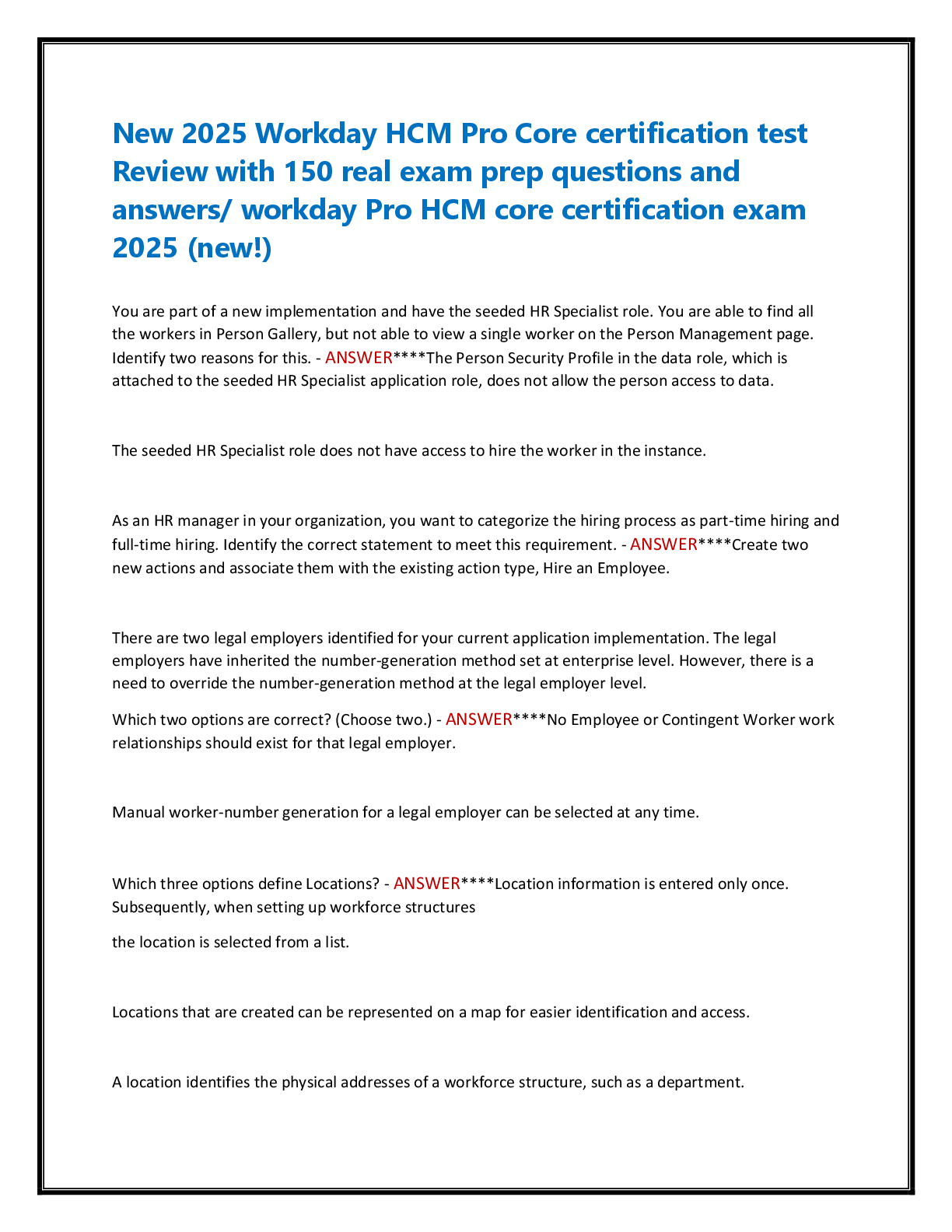 Preview image for New 2025 Workday HCM Pro Core certification test  Review with 150 real exam prep questions and  answers/ workday Pro HCM core certification exam  2025 (new!)
