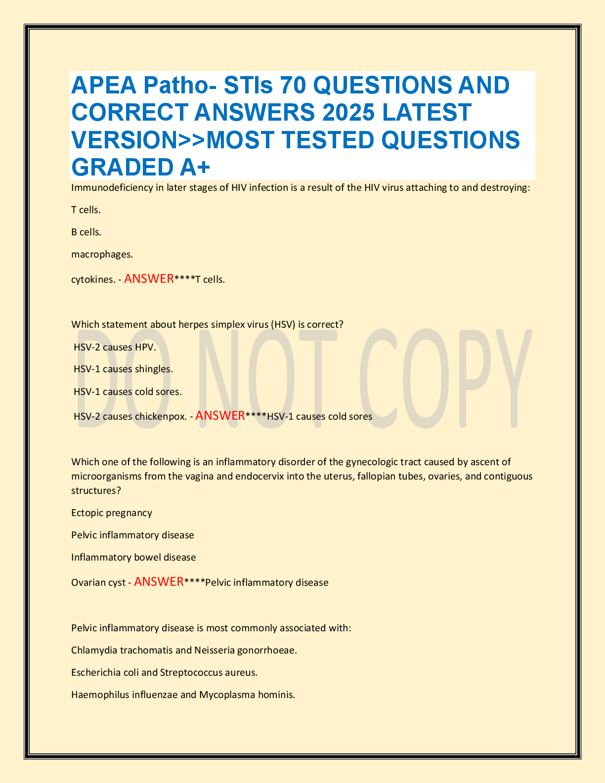 Preview image for APEA Patho- STIs 70 QUESTIONS AND  CORRECT ANSWERS 2025 LATEST  VERSION>>MOST TESTED QUESTIONS  GRADED A+