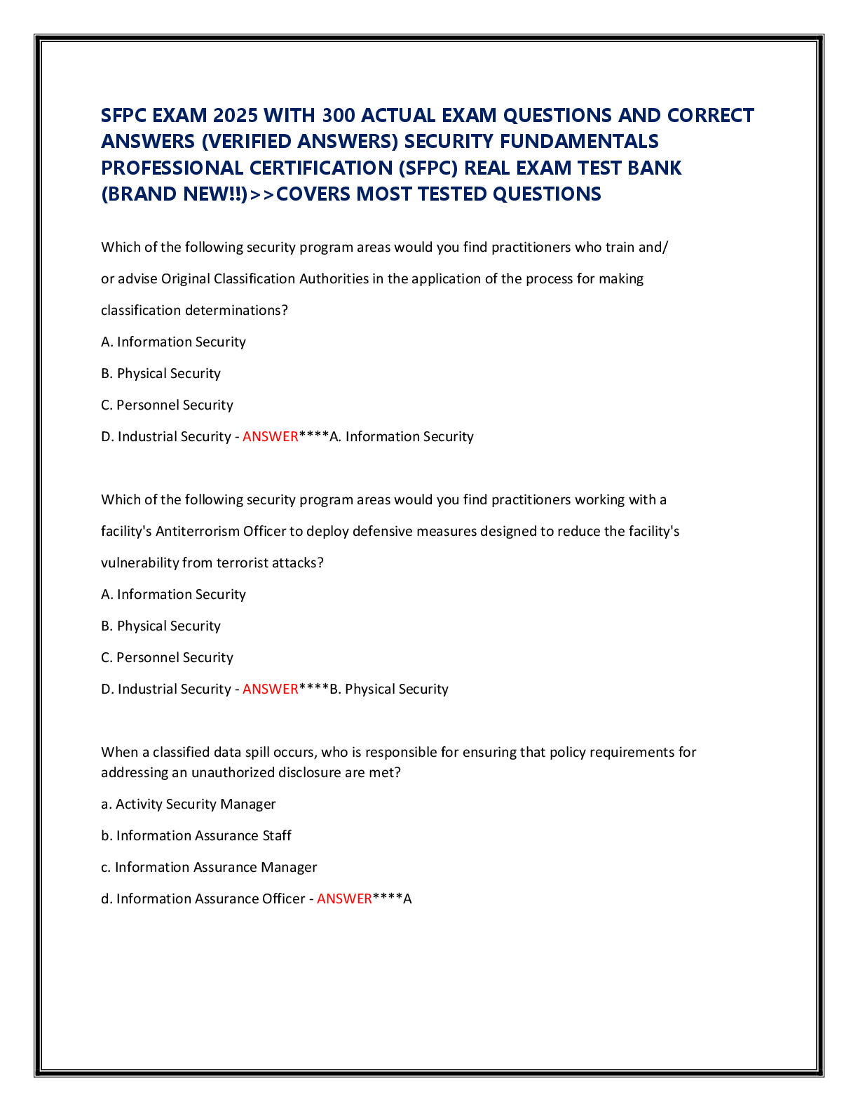 Preview image for SFPC EXAM 2025 WITH 300 ACTUAL EXAM QUESTIONS AND CORRECT  ANSWERS (VERIFIED ANSWERS) SECURITY FUNDAMENTALS  PROFESSIONAL CERTIFICATION (SFPC) REAL EXAM TEST BANK  (BRAND NEW!!)>>COVERS MOST TESTED QUESTIONS