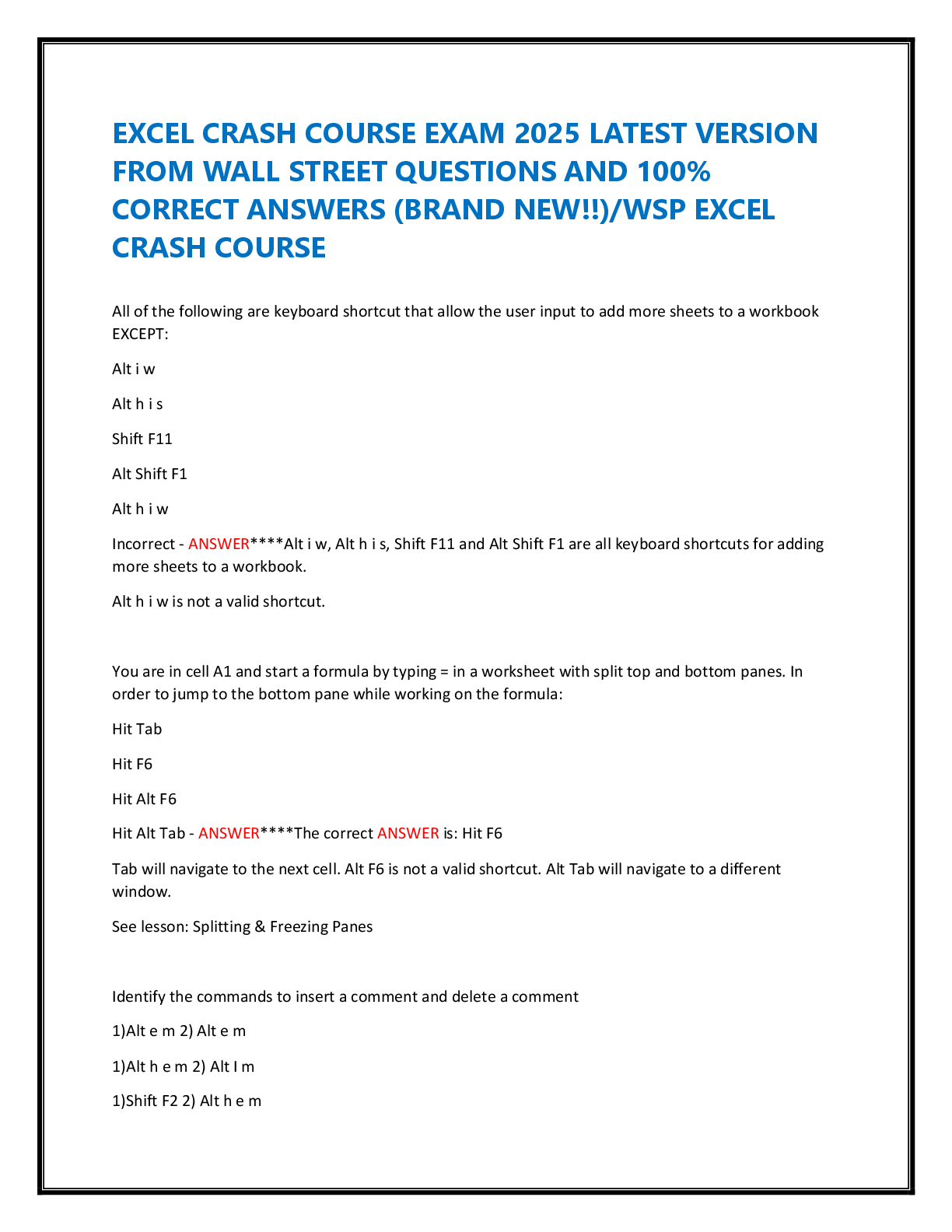 Preview image for EXCEL CRASH COURSE EXAM 2025 LATEST VERSION  FROM WALL STREET QUESTIONS AND 100%  CORRECT ANSWERS (BRAND NEW!!)/WSP EXCEL  CRASH COURSE