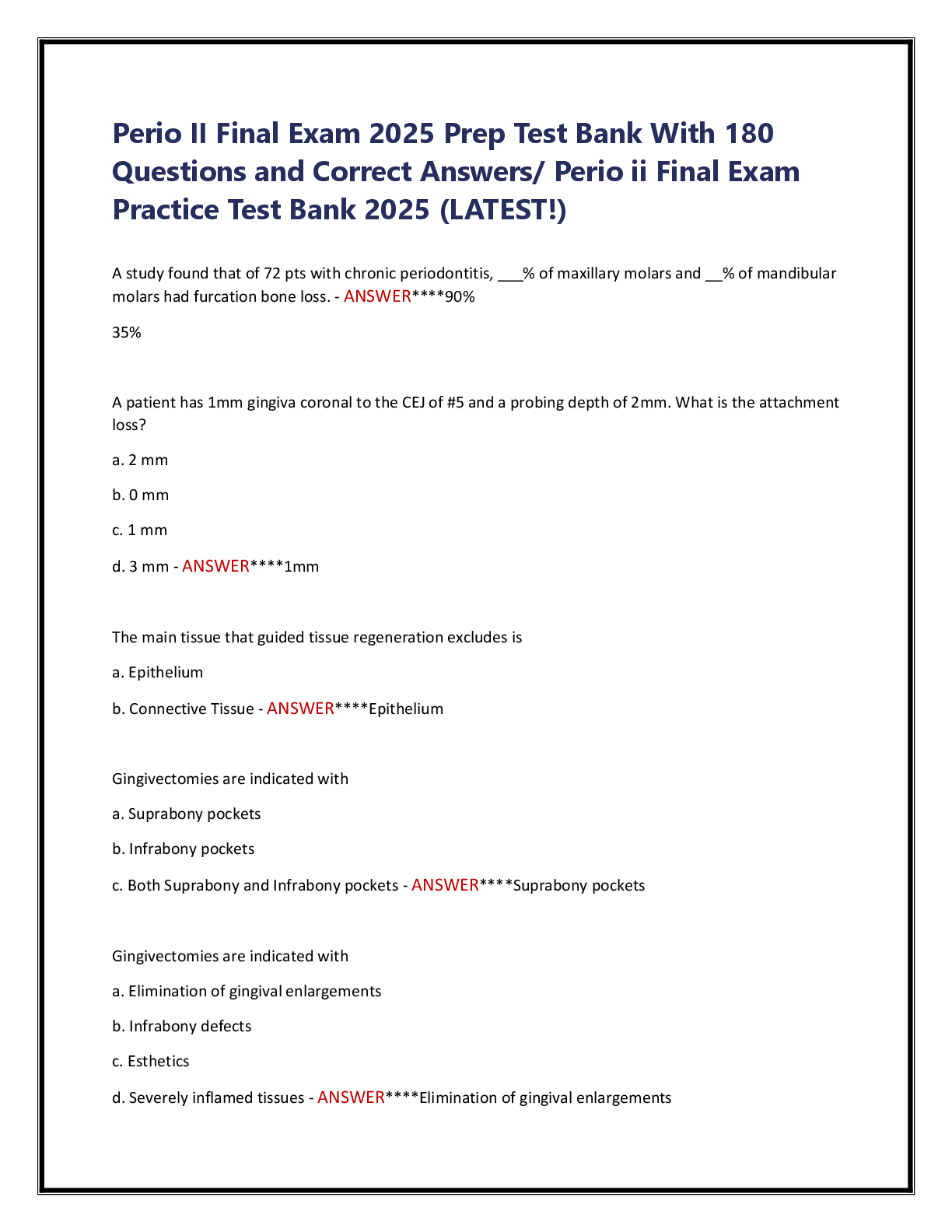 Preview image for Perio II Final Exam 2025 Prep Test Bank With 180  Questions and Correct Answers/ Perio ii Final Exam  Practice Test Bank 2025 (LATEST!)