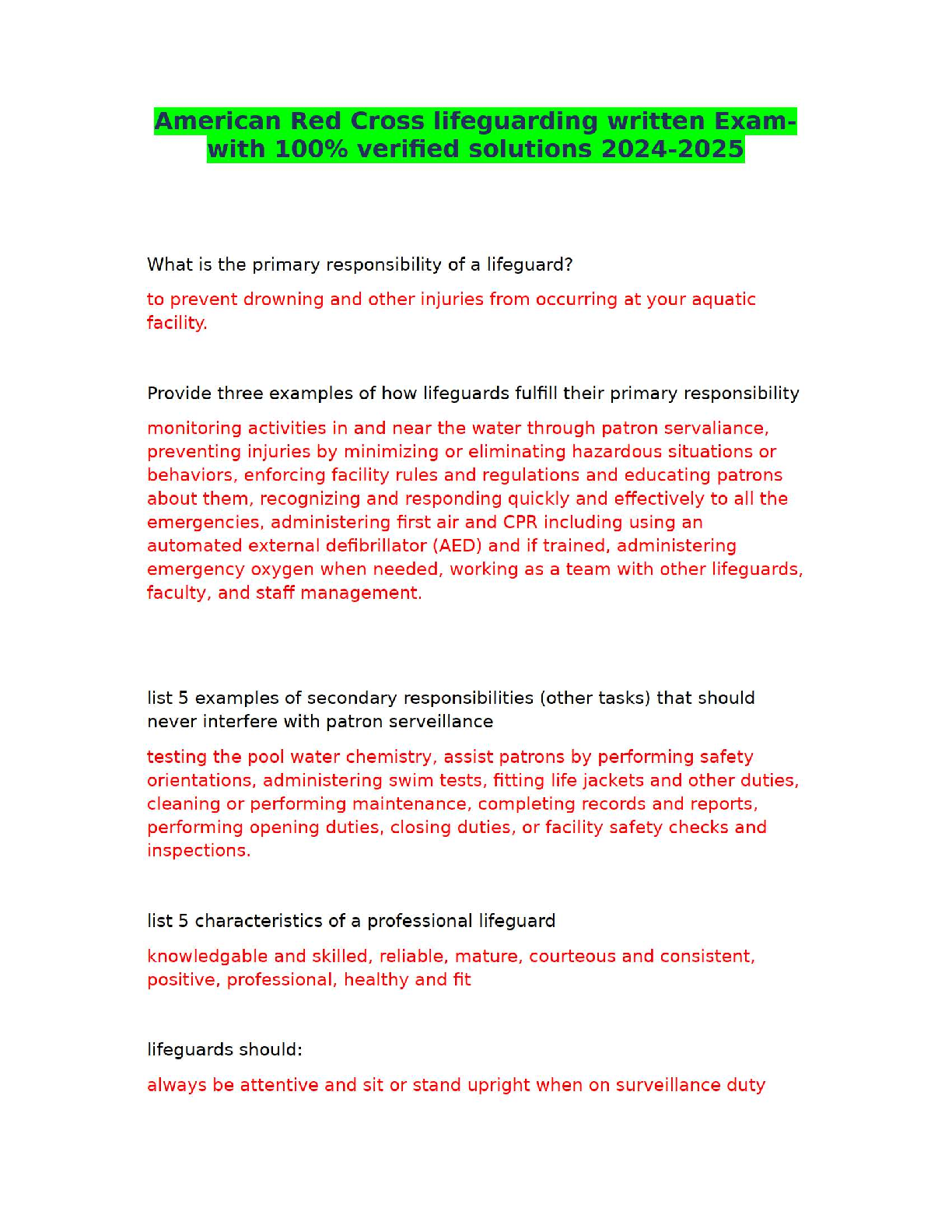 American Red Cross Lifeguarding Written Exam – 100% Verified Solutions (2024–2025)