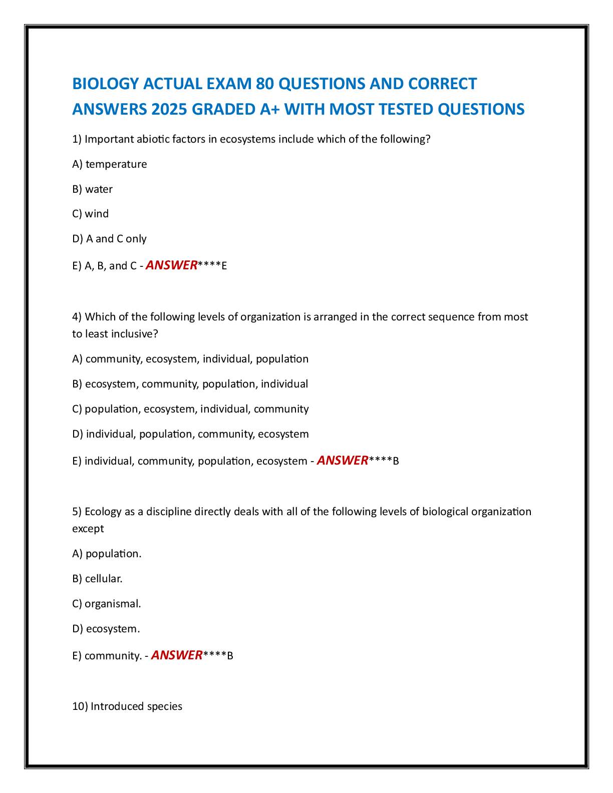 Preview image for BIOLOGY ACTUAL EXAM 80 QUESTIONS AND CORRECT  ANSWERS 2025 GRADED A+ WITH MOST TESTED QUESTIONS