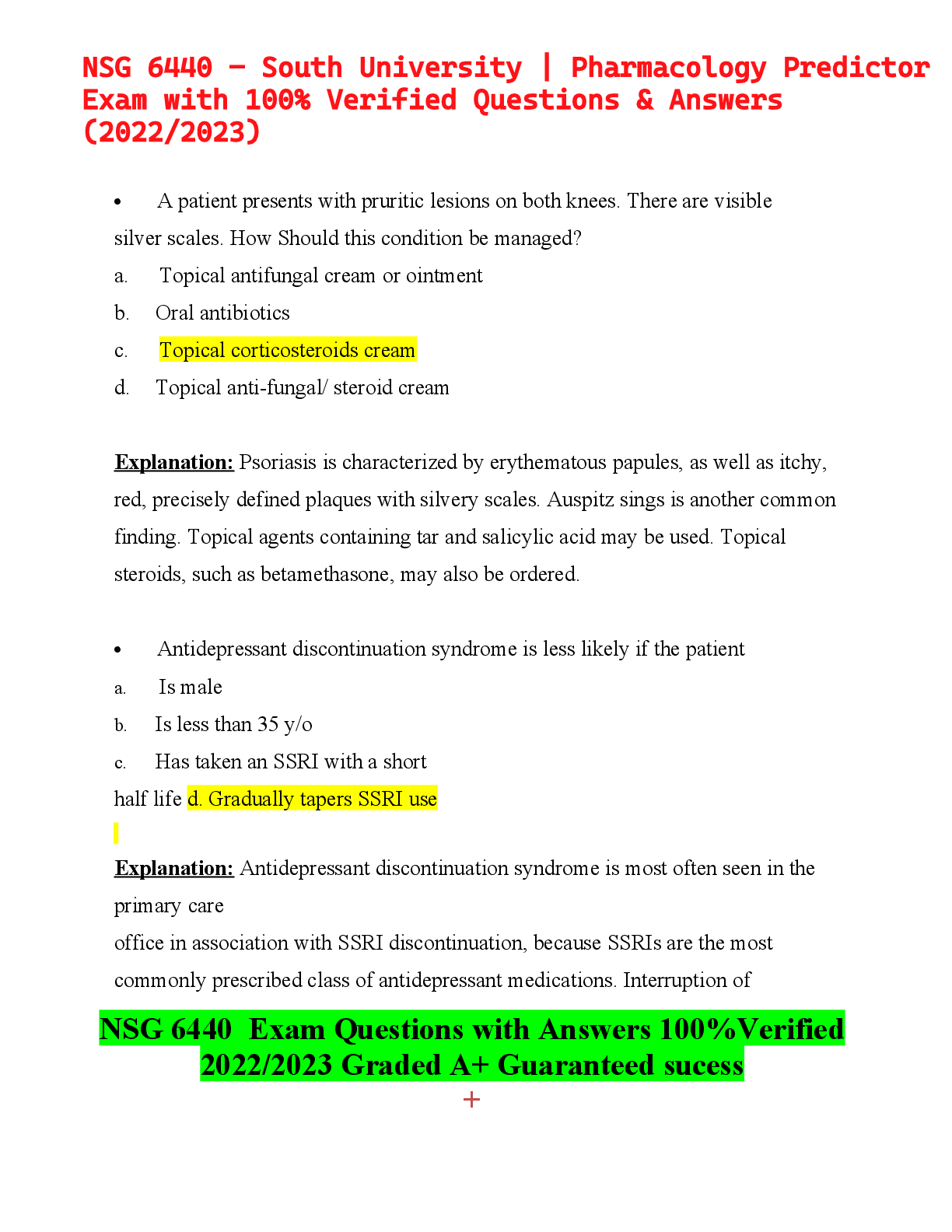 NSG 6440 – South University | Pharmacology Predictor Exam with 100% Verified Questions & Answers (2022/2023)