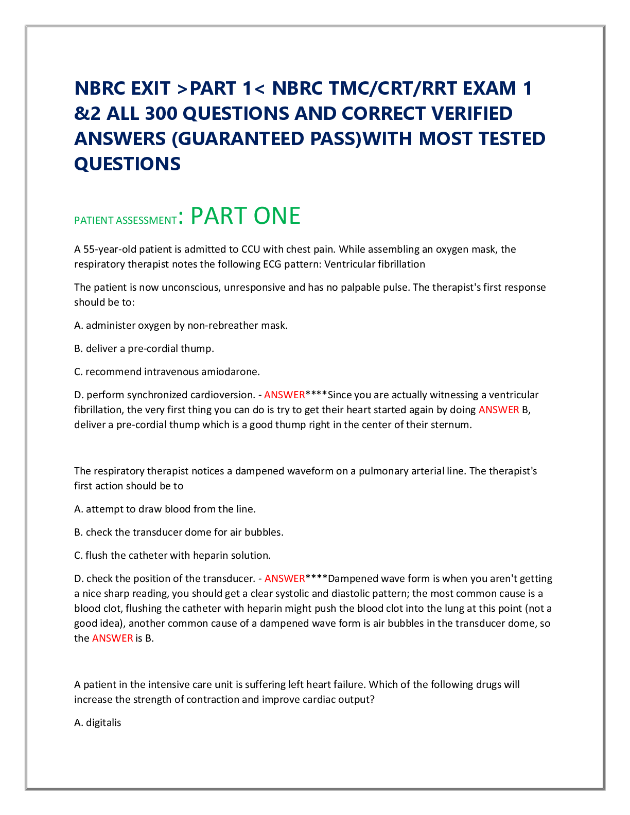 Preview image for NBRC EXIT >PART 1< NBRC TMC/CRT/RRT EXAM 1  &2 ALL 300 QUESTIONS AND CORRECT VERIFIED  ANSWERS (GUARANTEED PASS)WITH MOST TESTED  QUESTIONS