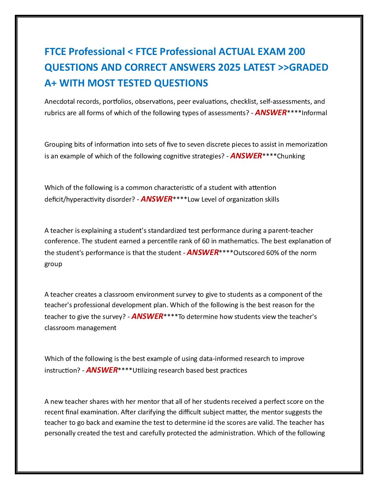 Preview image for FTCE Professional < FTCE Professional ACTUAL EXAM 200  QUESTIONS AND CORRECT ANSWERS 2025 LATEST >>GRADED  A+ WITH MOST TESTED QUESTIONS