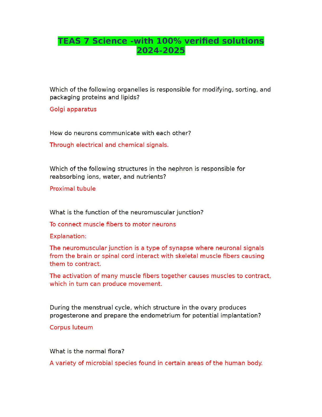 TEAS 7 Science | 2024-2025 – 100% Verified Solutions