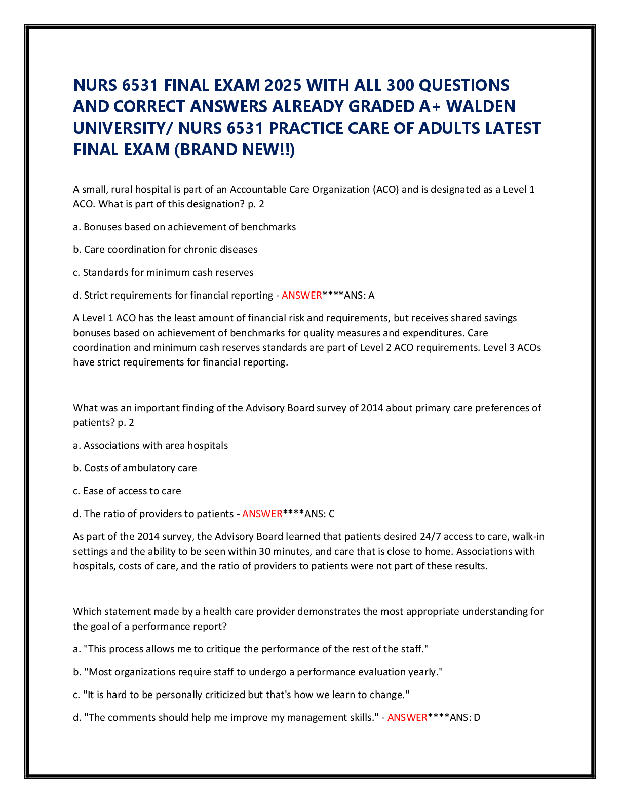 Preview image for NURS 6531 FINAL EXAM 2025 WITH ALL 300 QUESTIONS  AND CORRECT ANSWERS ALREADY GRADED A+ WALDEN  UNIVERSITY/ NURS 6531 PRACTICE CARE OF ADULTS LATEST  FINAL EXAM (BRAND NEW!!)