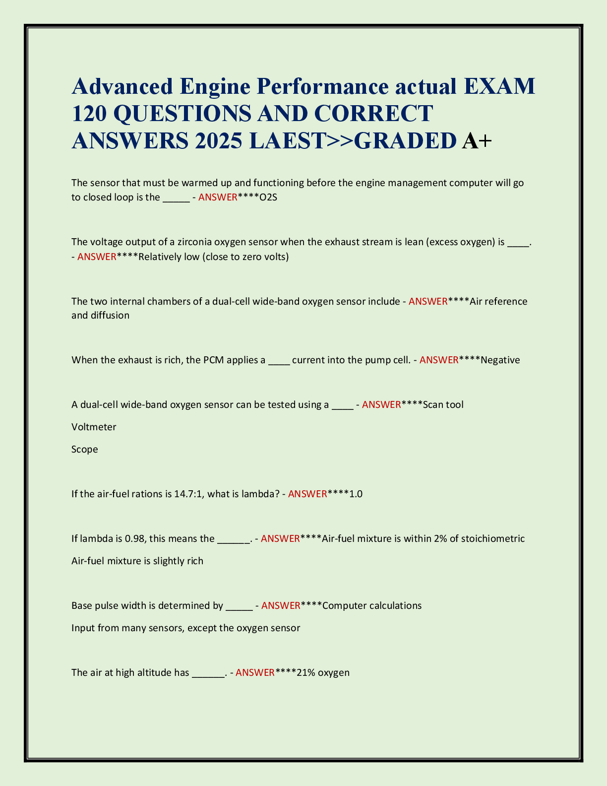 Preview image for Advanced Engine Performance actual EXAM  120 QUESTIONS AND CORRECT  ANSWERS 2025 LAEST>>GRADED A+