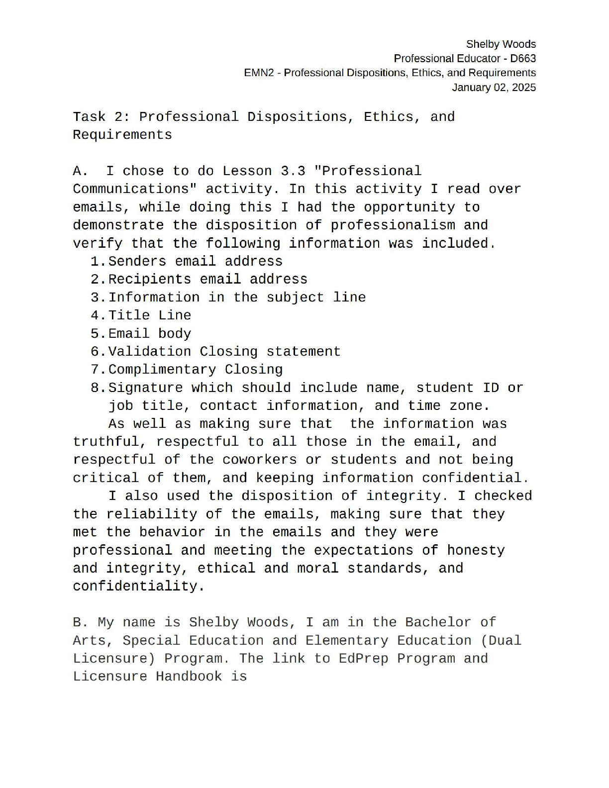 EMN2 – Professional Dispositions, Ethics, and Requirements | Task 2