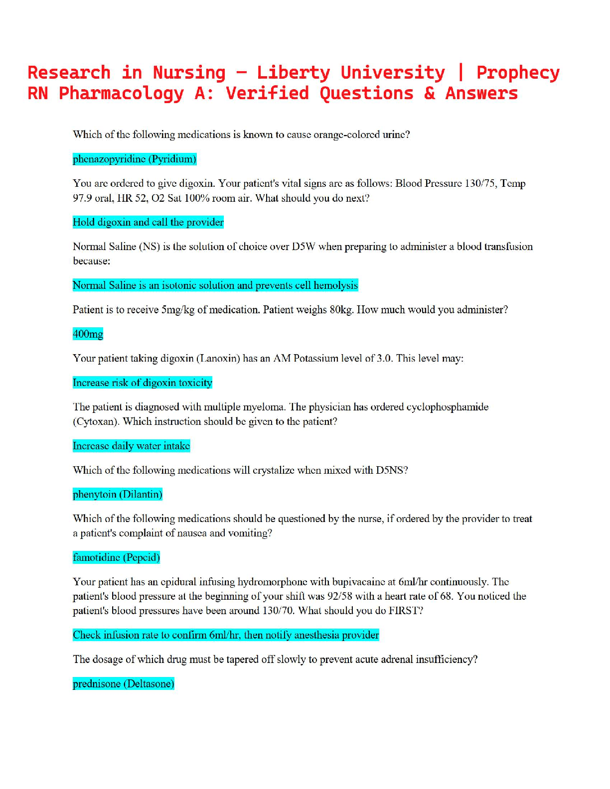 Preview of Research in Nursing – Liberty University | Prophecy RN Pharmacology A: Verified Questions &amp; Answers