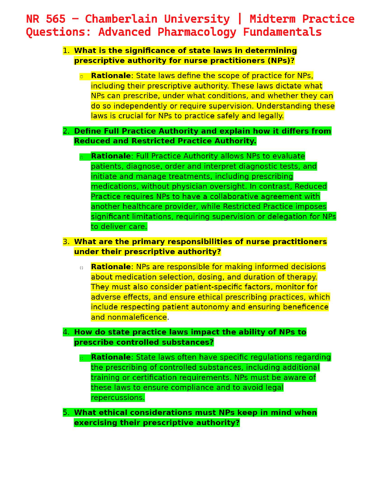 NR 565 – Chamberlain University | Midterm Practice Questions: Advanced Pharmacology Fundamentals