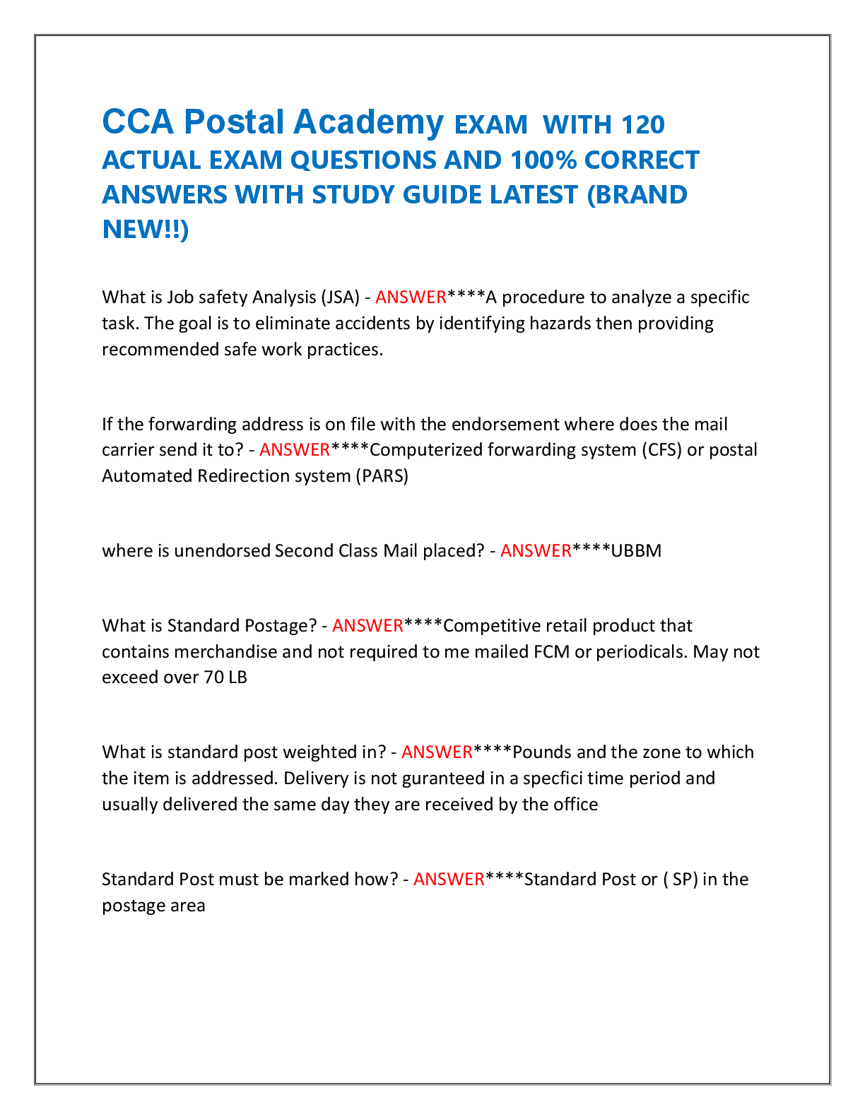 Preview image for CCA Postal Academy EXAM  WITH 120  ACTUAL EXAM QUESTIONS AND 100% CORRECT  ANSWERS WITH STUDY GUIDE LATEST (BRAND  NEW!!)