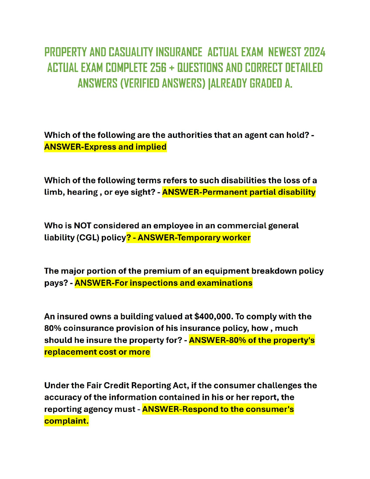 Preview of Property and Casualty Insurance | 2024 Actual Exam with 256+ Questions &amp; Verified Answers – Graded A