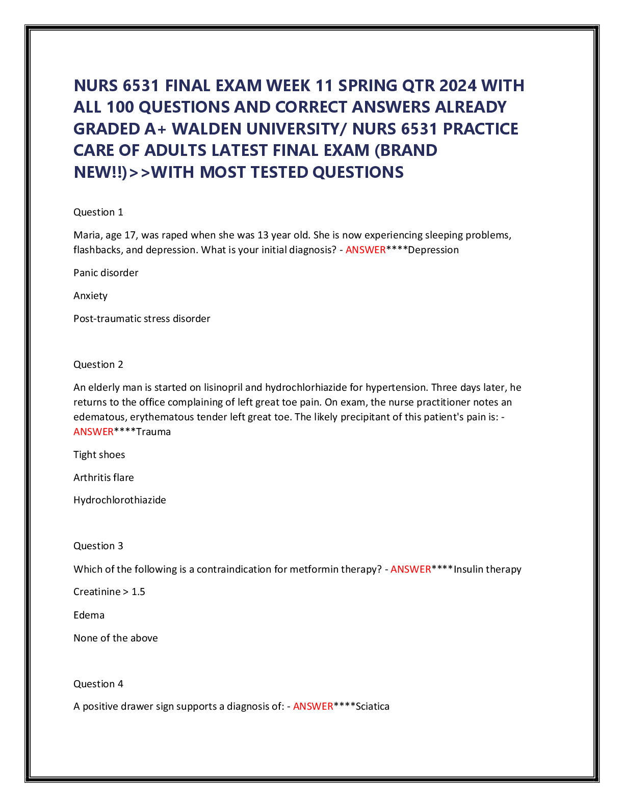 Preview image for NURS 6531 FINAL EXAM WEEK 11 SPRING QTR 2024 WITH  ALL 100 QUESTIONS AND CORRECT ANSWERS ALREADY  GRADED A+ WALDEN UNIVERSITY/ NURS 6531 PRACTICE  CARE OF ADULTS LATEST FINAL EXAM (BRAND  NEW!!)>>WITH MOST TESTED QUESTIONS