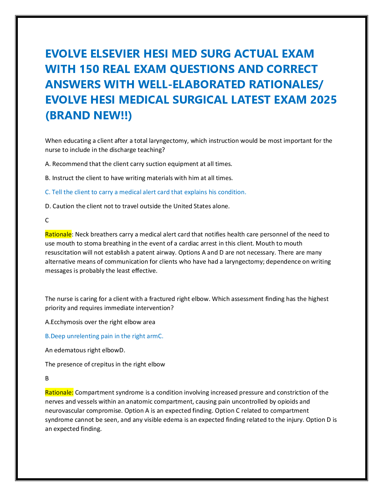 Preview image for EVOLVE ELSEVIER HESI MED SURG ACTUAL EXAM  WITH 150 REAL EXAM QUESTIONS AND CORRECT  ANSWERS WITH WELL-ELABORATED RATIONALES/  EVOLVE HESI MEDICAL SURGICAL LATEST EXAM 2025  (BRAND NEW!!)