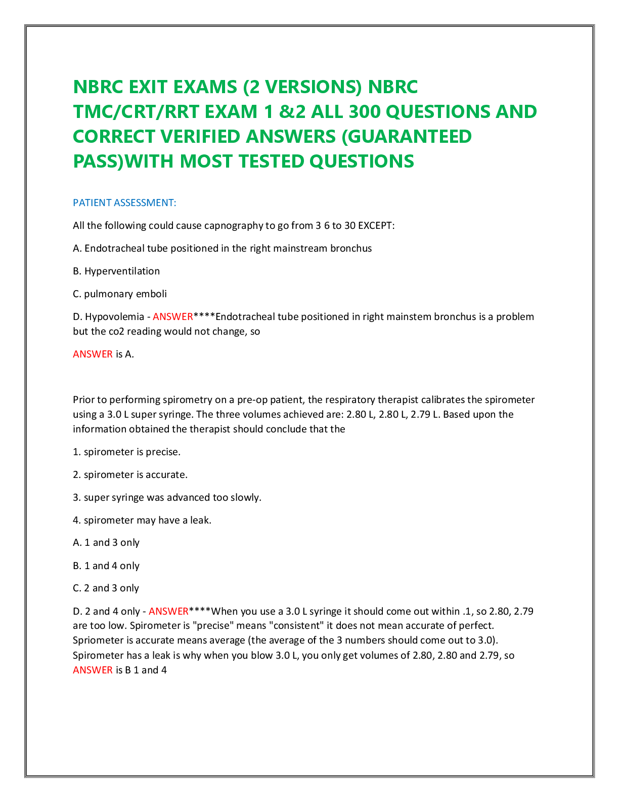 Preview image for NBRC EXIT EXAMS (2 VERSIONS) NBRC  TMC/CRT/RRT EXAM 1 &2 ALL 300 QUESTIONS AND  CORRECT VERIFIED ANSWERS (GUARANTEED  PASS)WITH MOST TESTED QUESTIONS