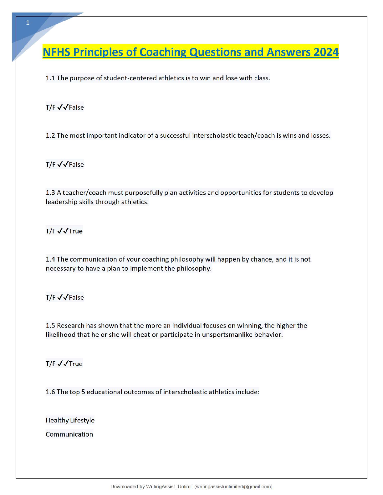 Preview of NFHS Principles of Coaching Questions and Answers 2024