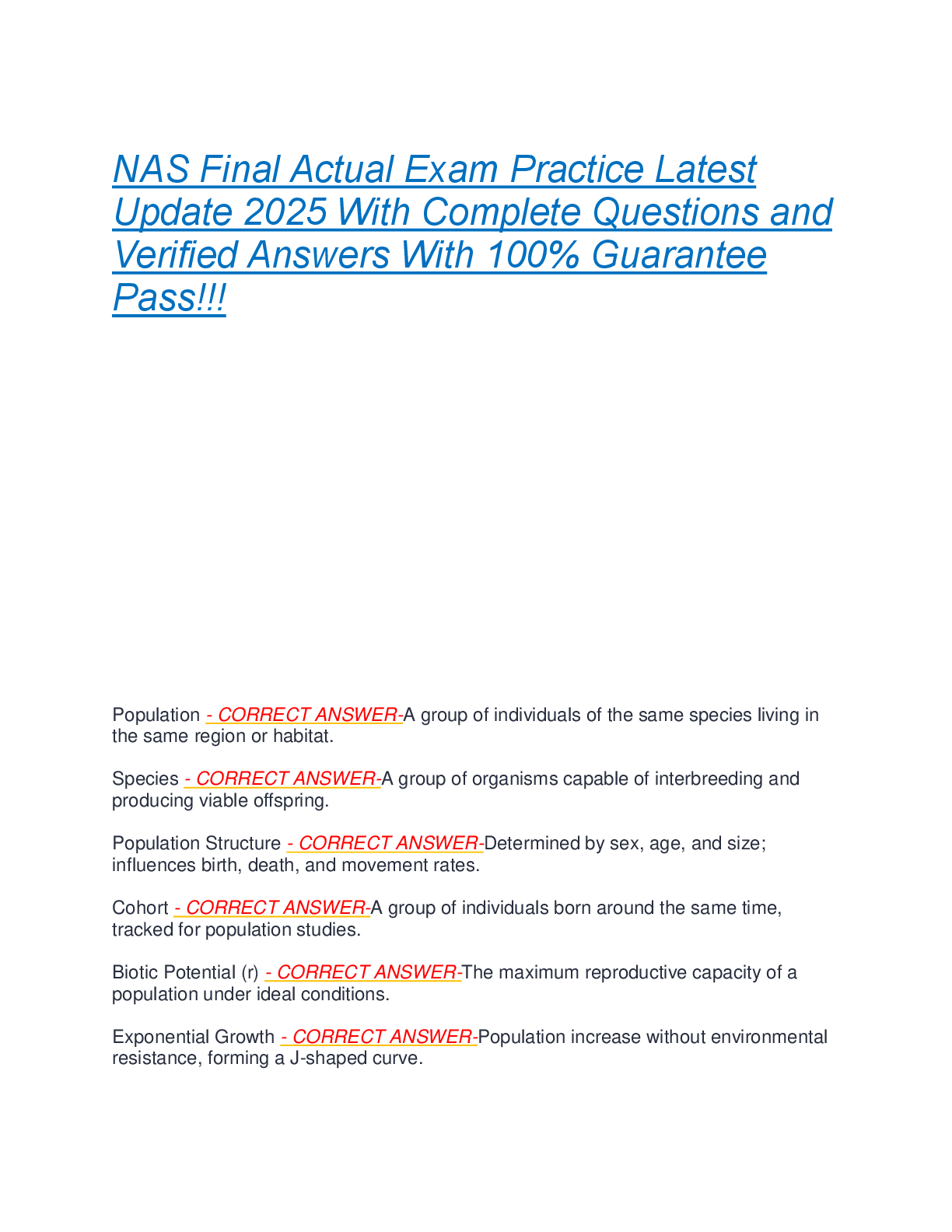 Preview image for NAS Final Actual Exam Practice Latest  Update 2025 With Complete Questions and  Verified Answers With 100% Guarantee  Pass!!!