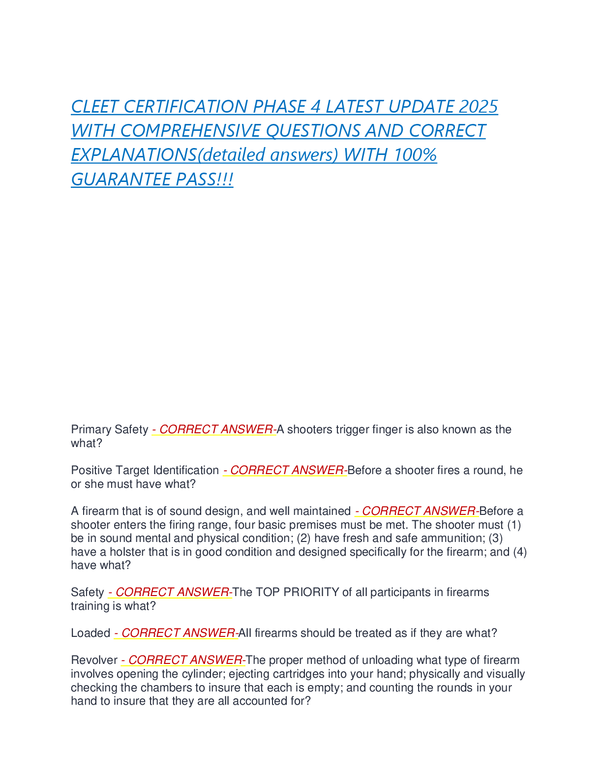 Preview image for CLEET CERTIFICATION PHASE 4 LATEST UPDATE 2025  WITH COMPREHENSIVE QUESTIONS AND CORRECT  EXPLANATIONS(detailed answers) WITH 100%  GUARANTEE PASS!!!