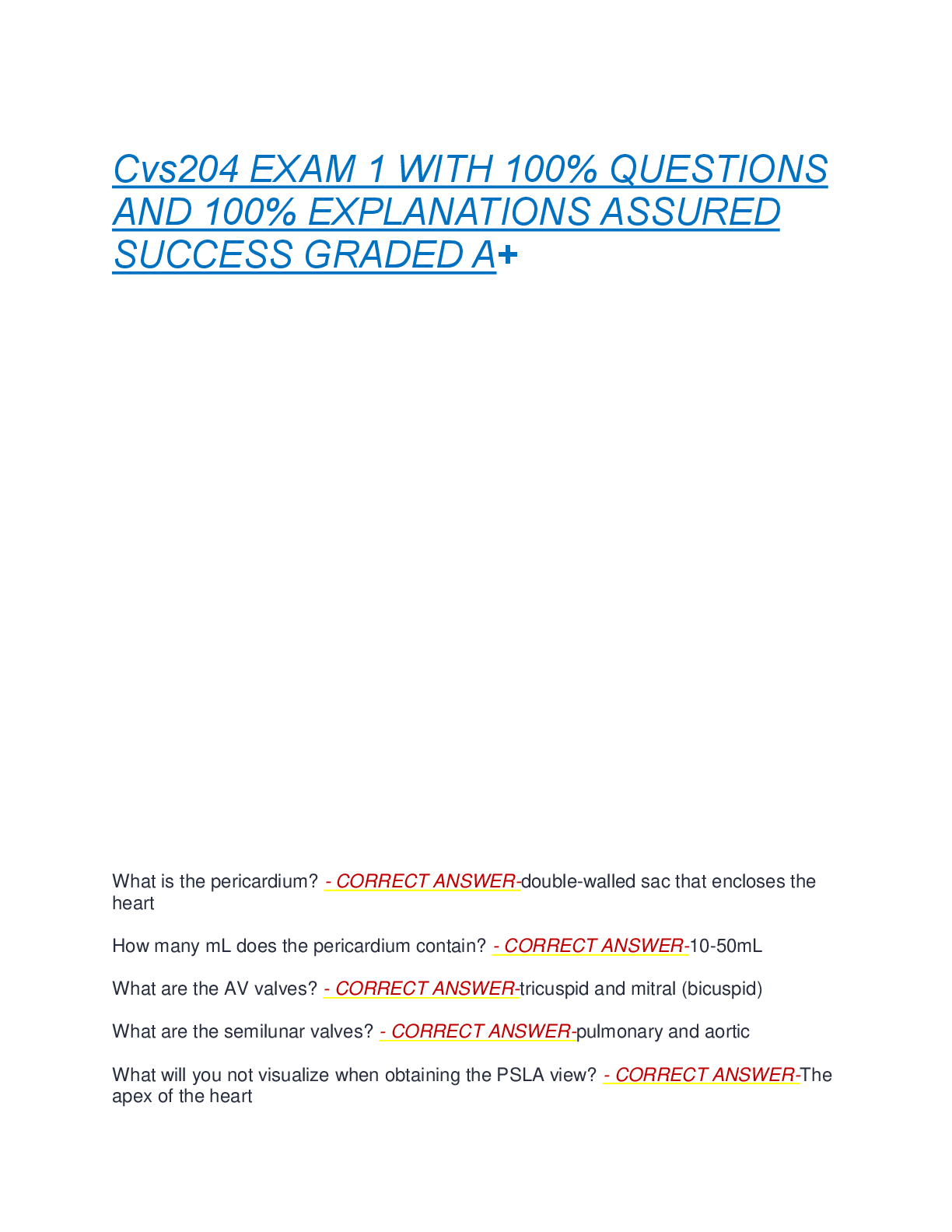 Preview of Cvs204 EXAM 1 WITH 100% QUESTIONS  AND 100% EXPLANATIONS ASSURED  SUCCESS GRADED A+