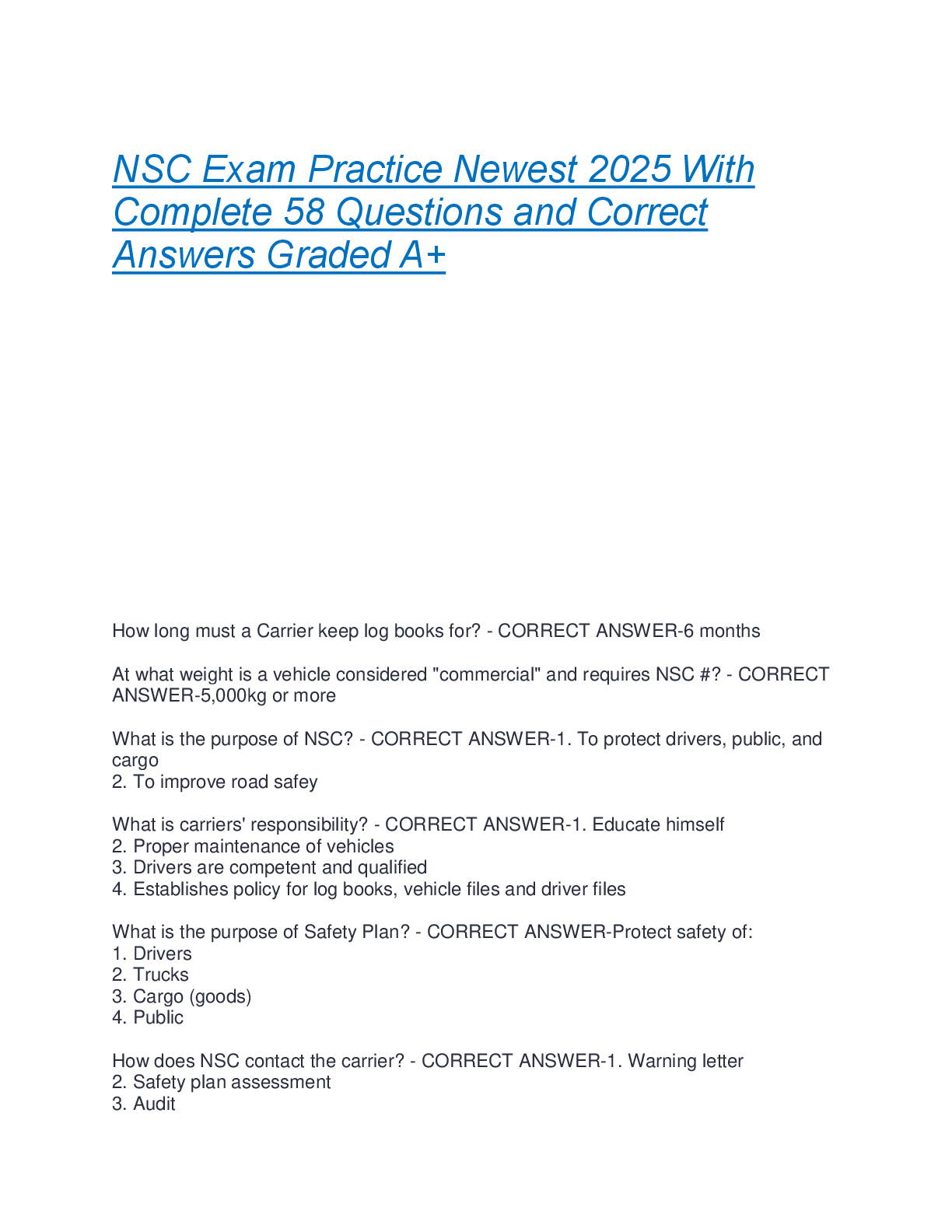 NSC Exam Practice Newest 2025 With  Complete 58 Questions and Correct  Answers Graded A+