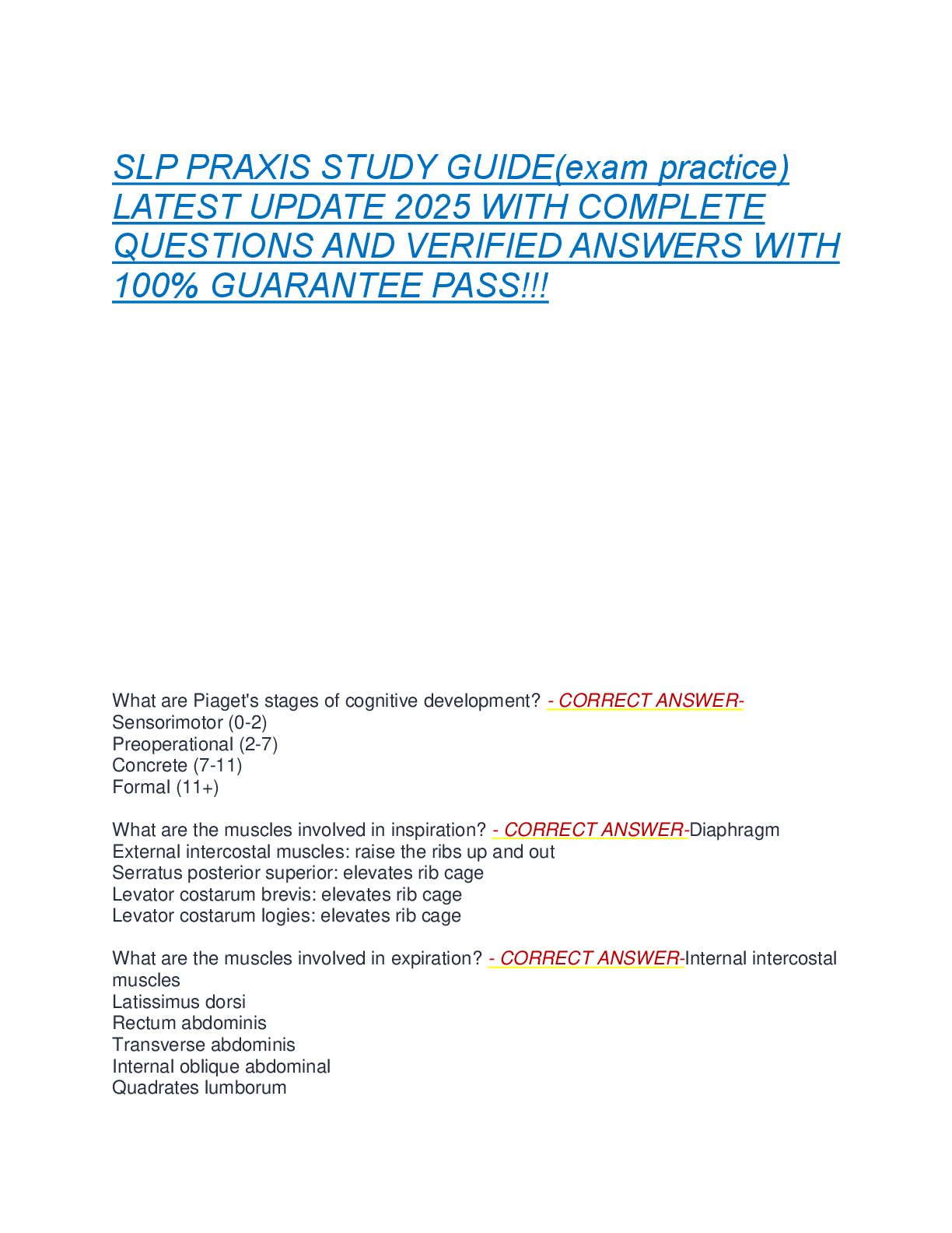Preview of SLP PRAXIS STUDY GUIDE(exam practice)  LATEST UPDATE 2025 WITH COMPLETE  QUESTIONS AND VERIFIED ANSWERS WITH  100% GUARANTEE PASS!!!