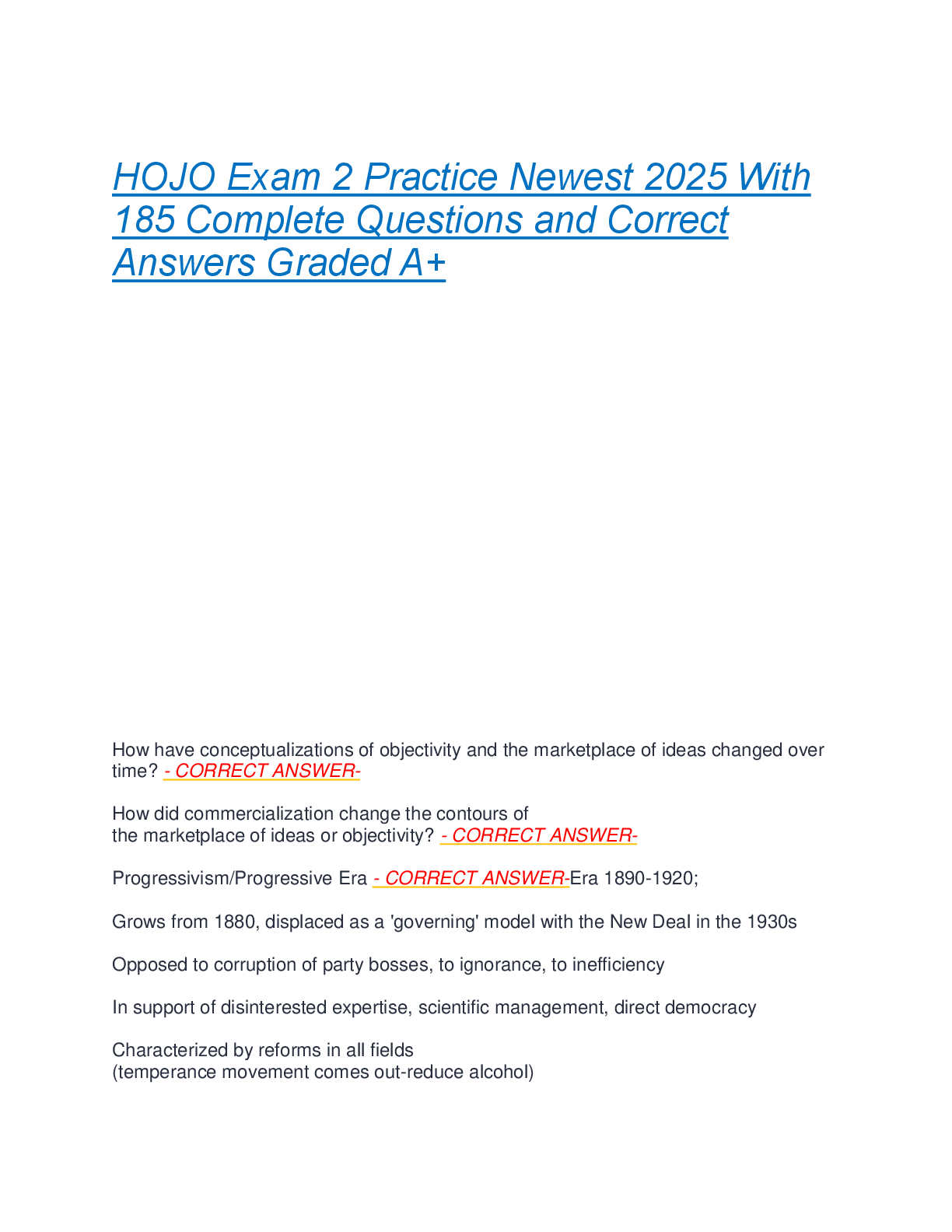Preview of HOJO Exam 2 Practice Newest 2025 With  185 Complete Questions and Correct  Answers Graded