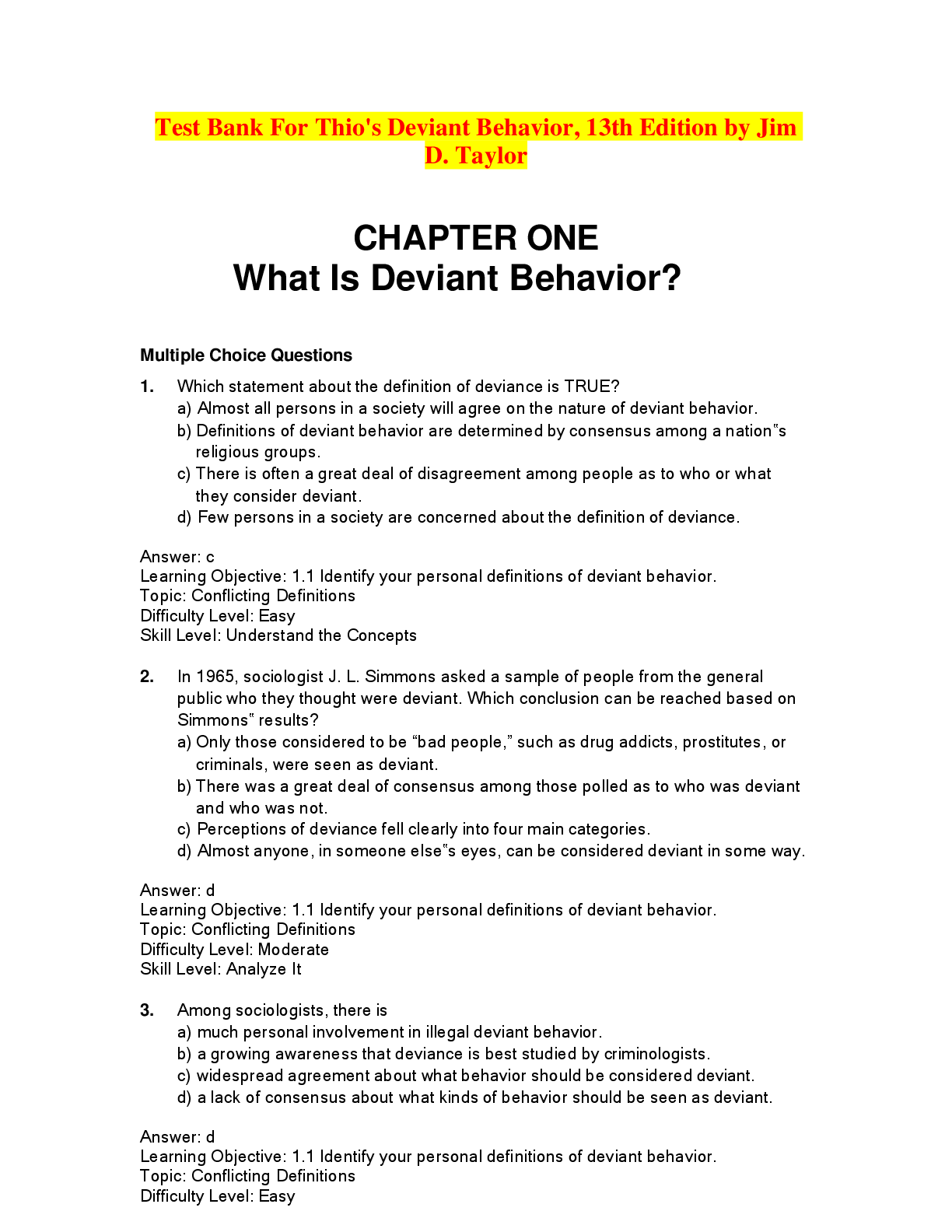 Preview image for Test Bank For Thio's Deviant Behavior, 13th Edition by Jim D. Taylor