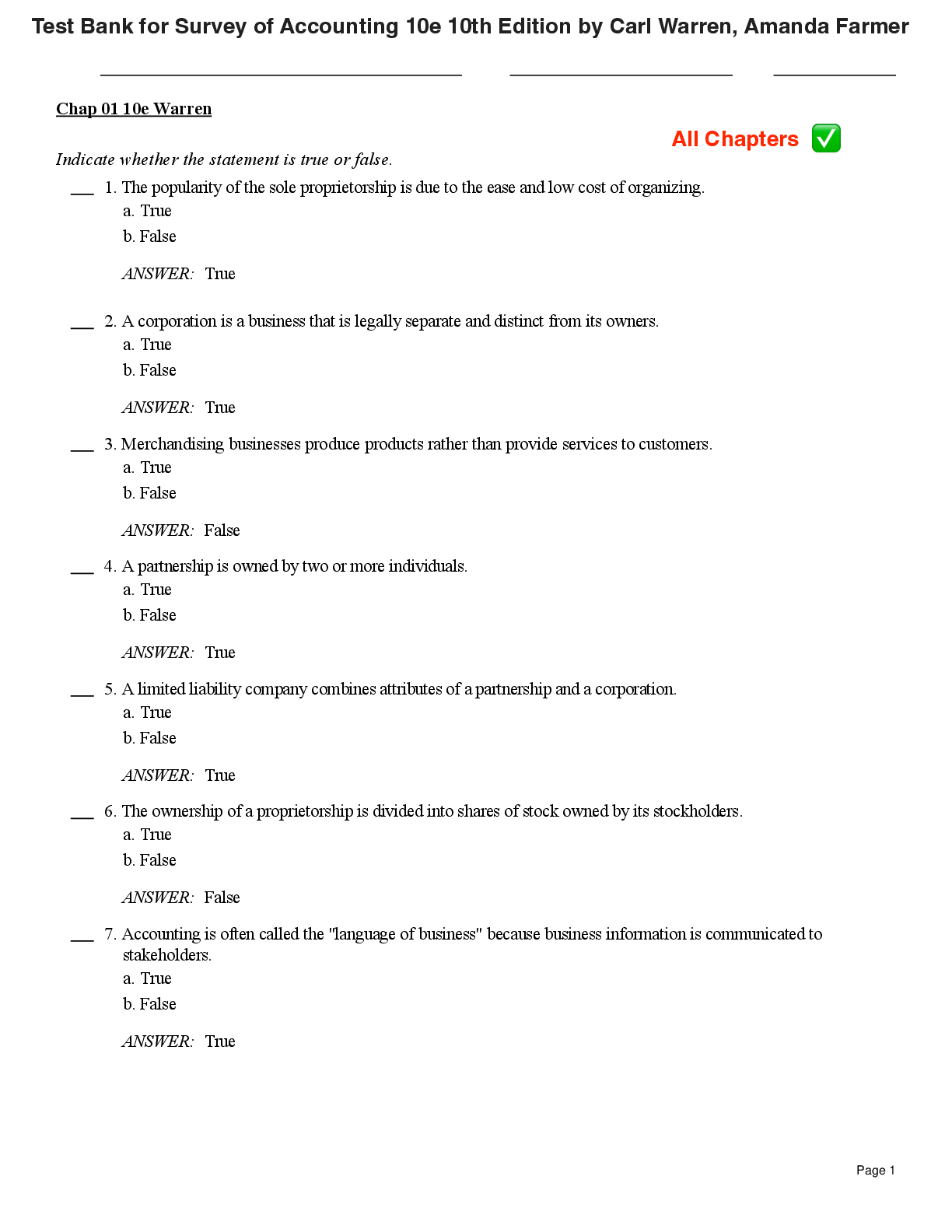 Preview image for Test Bank for Survey of Accounting 10e 10th Edition by Carl Warren, Amanda Farmer