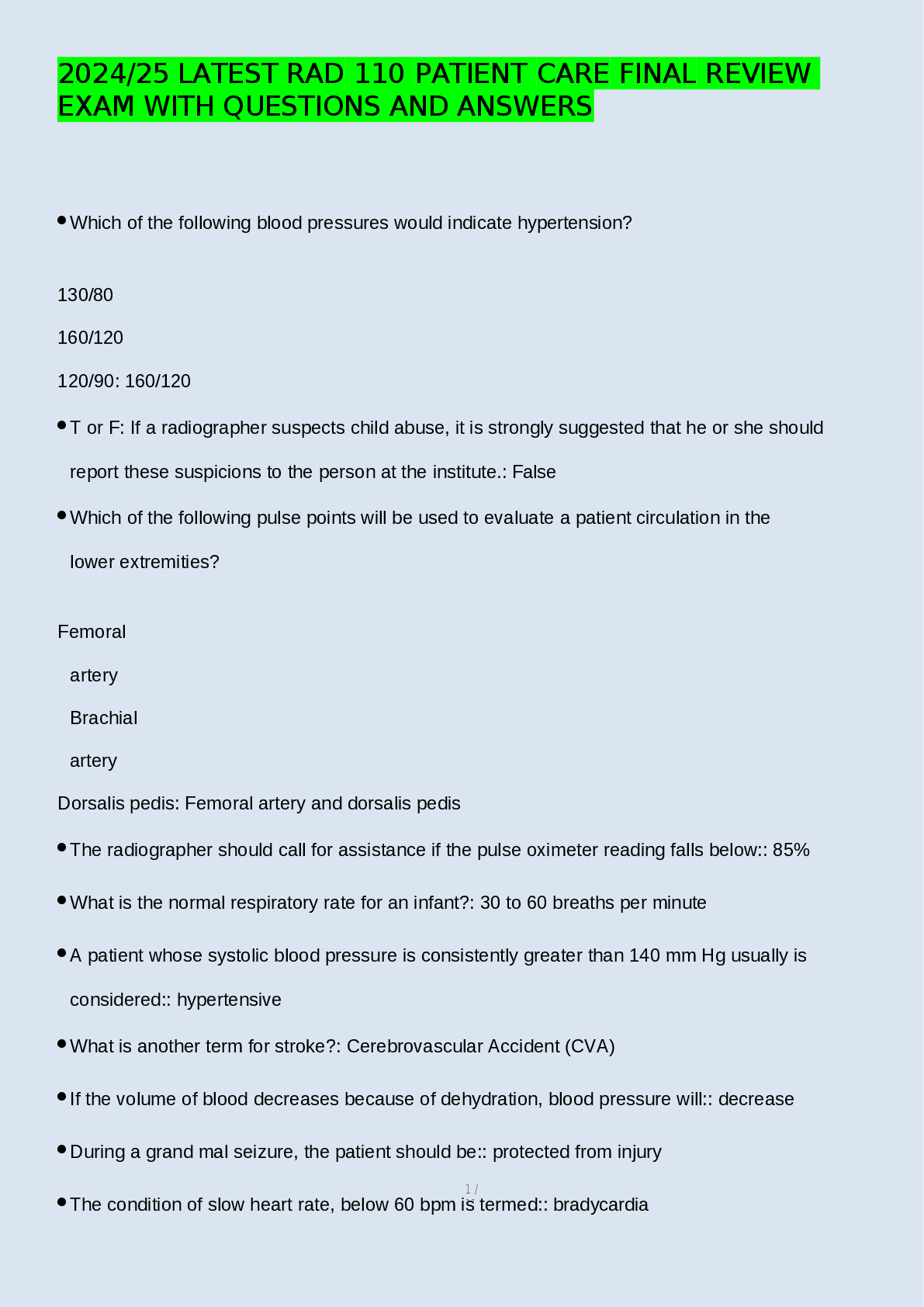 Preview of 2024-2025 LATEST RAD 110 PATIENT CARE FINAL REVIEW EXAM WITH QUESTIONS AND ANSWERS