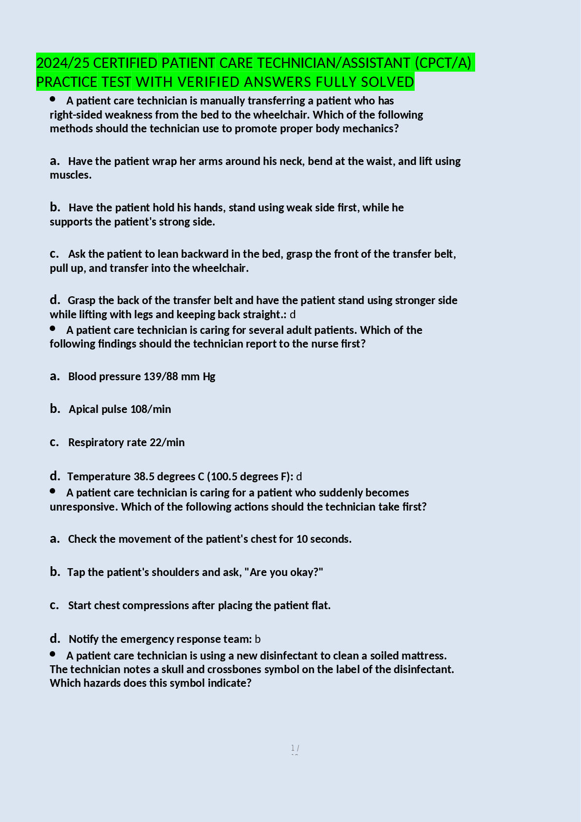 Preview of 2024-2025 CERTIFIED PATIENT CARE TECHNICIANASSISTANT (CPCTA) PRACTICE TEST WITH VERIFIED A