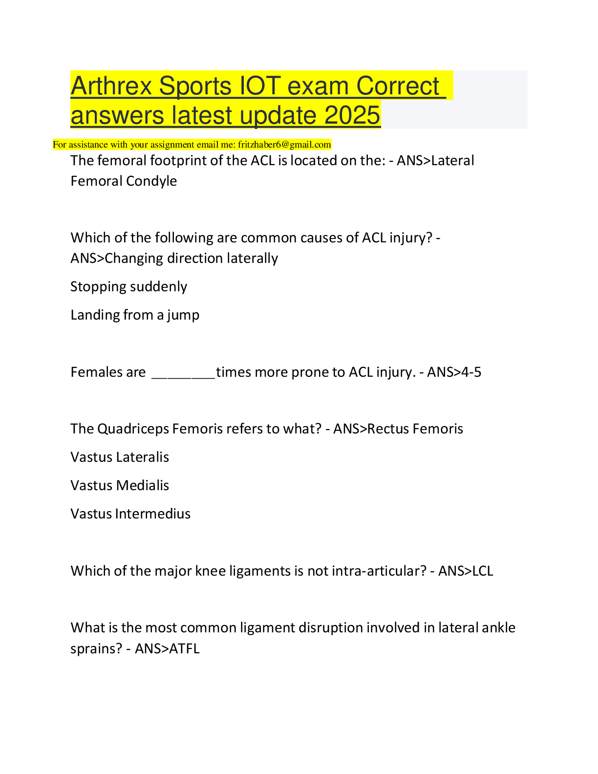 Preview of Arthrex Sports IOT exam Correct answers latest update 2025