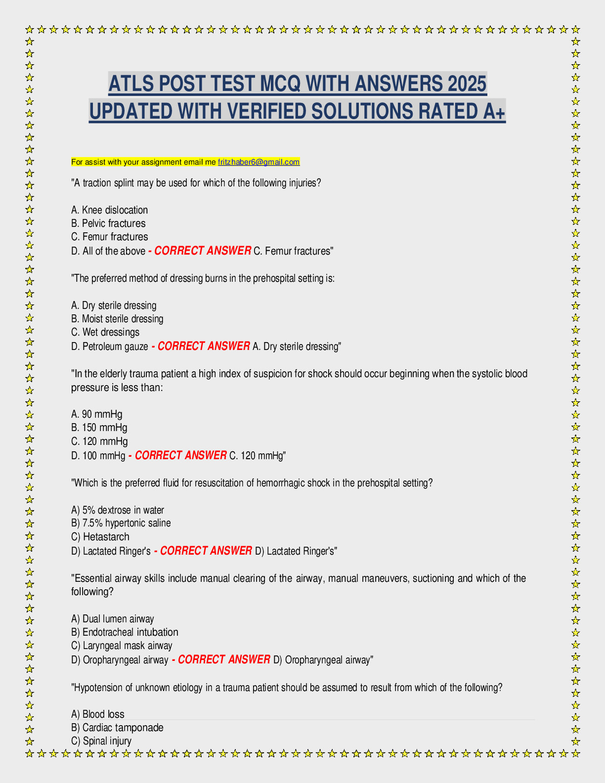 Preview image for ATLS POST TEST MCQ WITH ANSWERS 2025 UPDATED WITH VERIFIED SOLUTIONS RATED A+