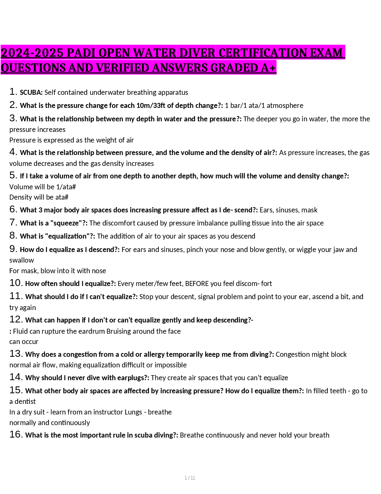 Recommended document preview for 2024-2025 PADI OPEN WATER DIVER CERTIFICATION EXAM QUESTIONS AND VERIFIED ANSWERS GRADED A+