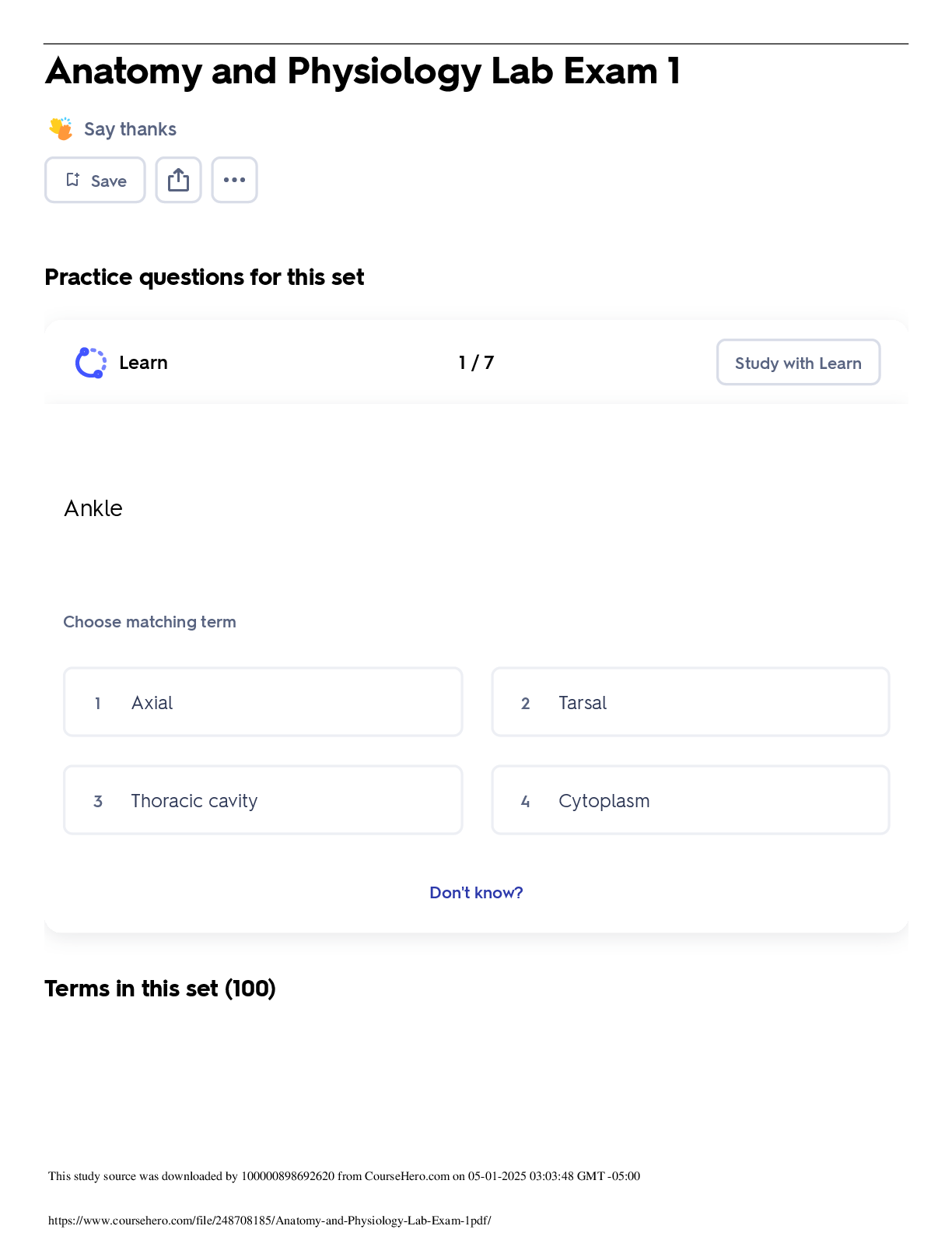 Preview image of Anatomy and Physiology Lab Exam 1 document