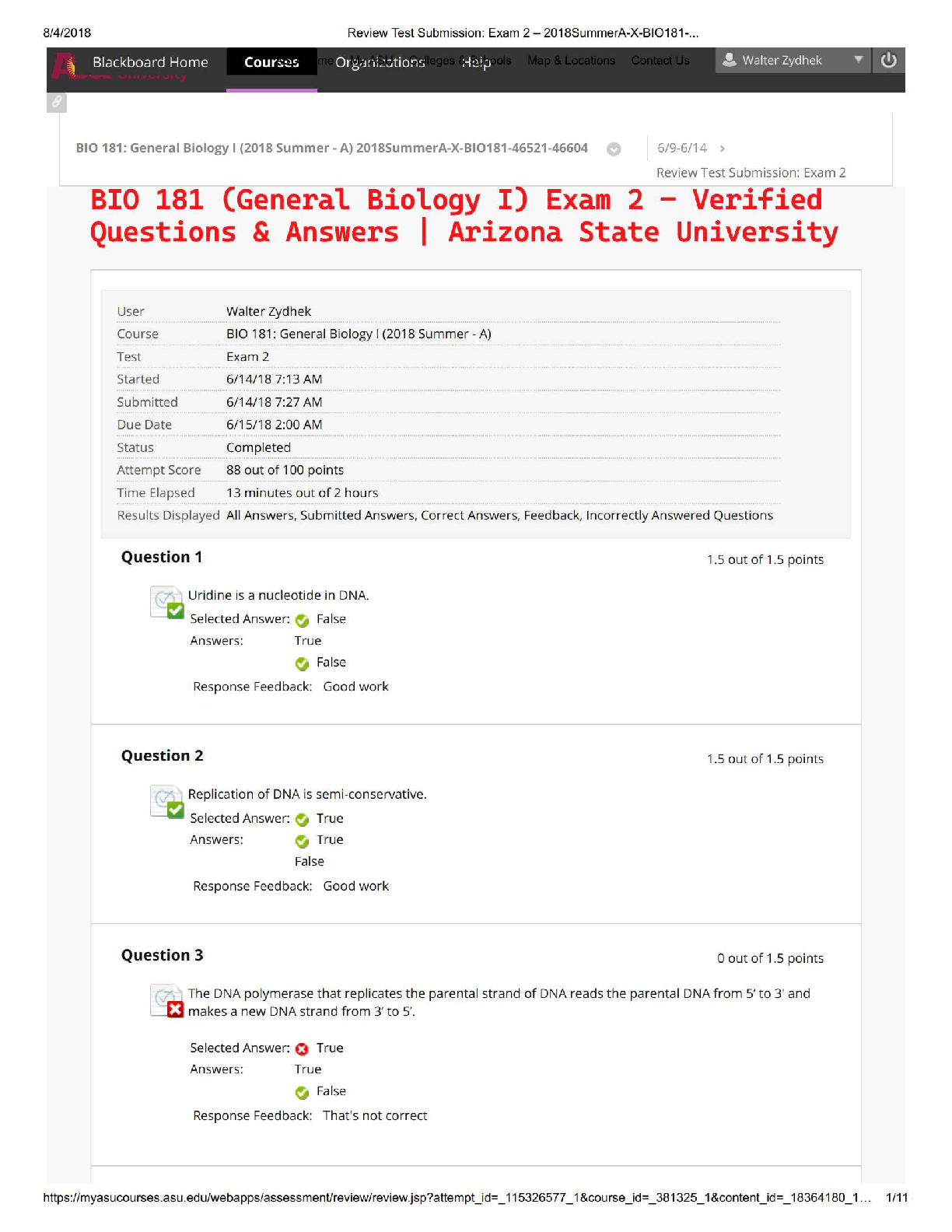 BIO 181 (General Biology I) Exam 2 – Verified Questions & Answers | Arizona State University