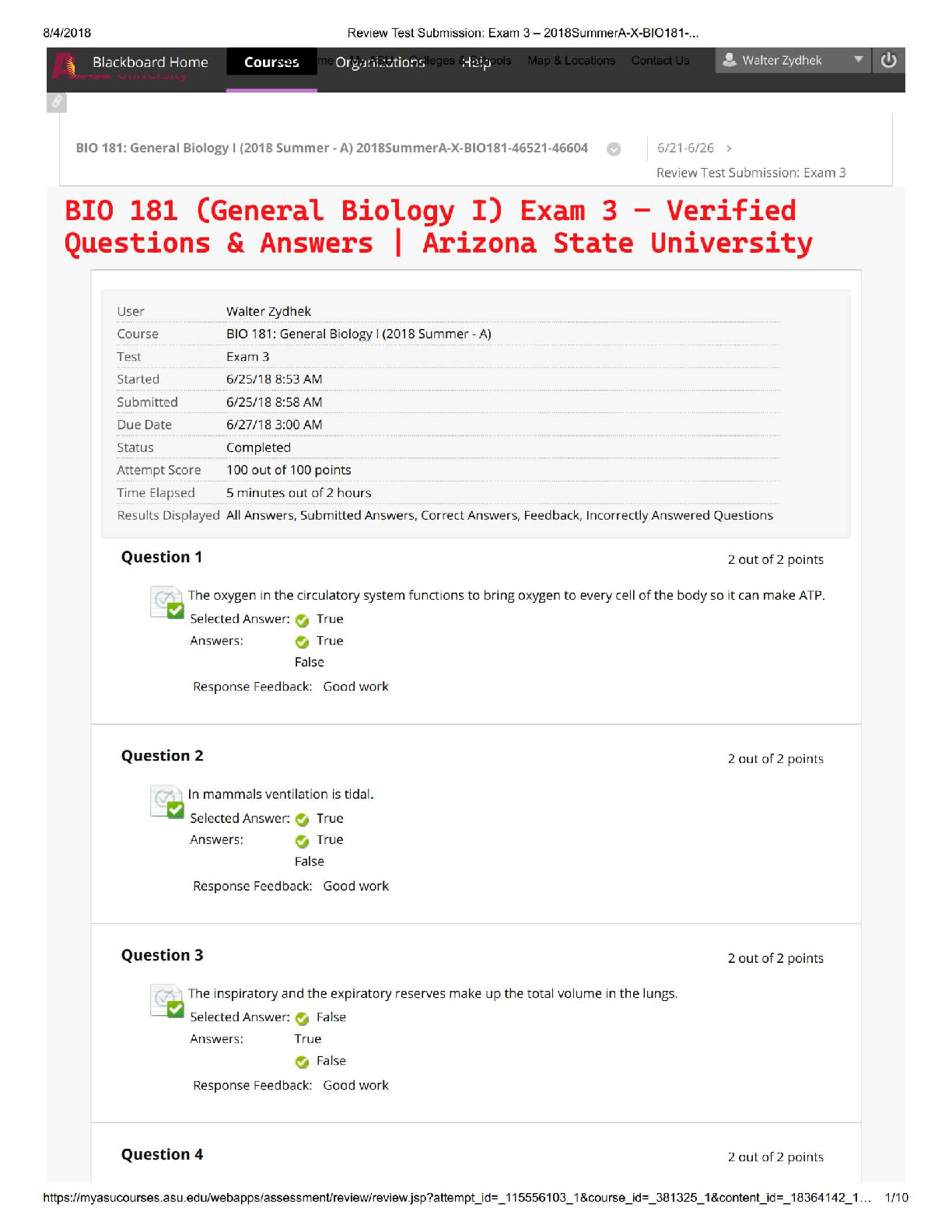 BIO 181 (General Biology I) Exam 3 – Verified Questions & Answers | Arizona State University