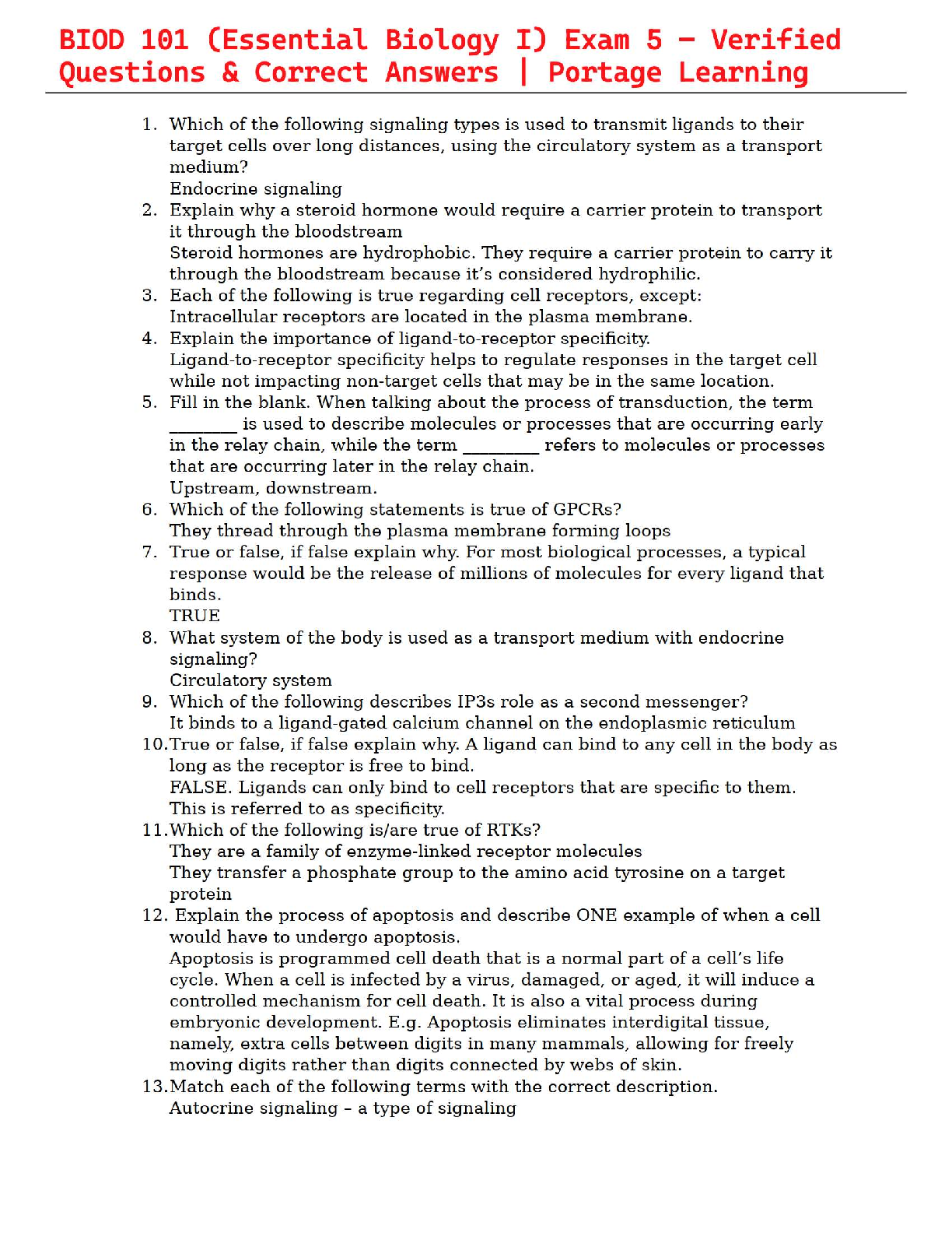 BIOD 101 (Essential Biology I) Exam 5 – Verified Questions & Correct Answers | Portage Learning
