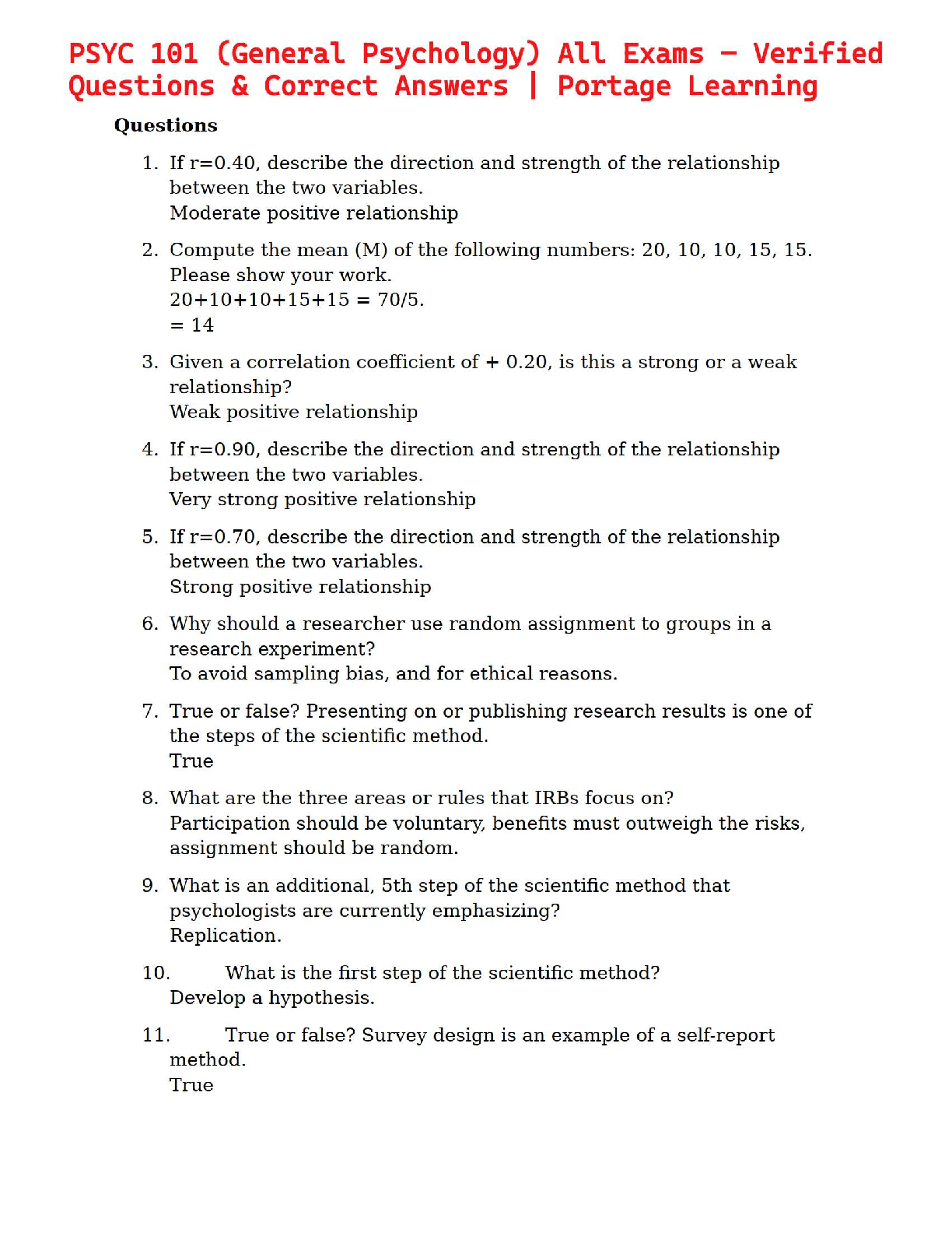 Preview of PSYC 101 (General Psychology) All Exams – Verified Questions &amp; Correct Answers | Portage Learning