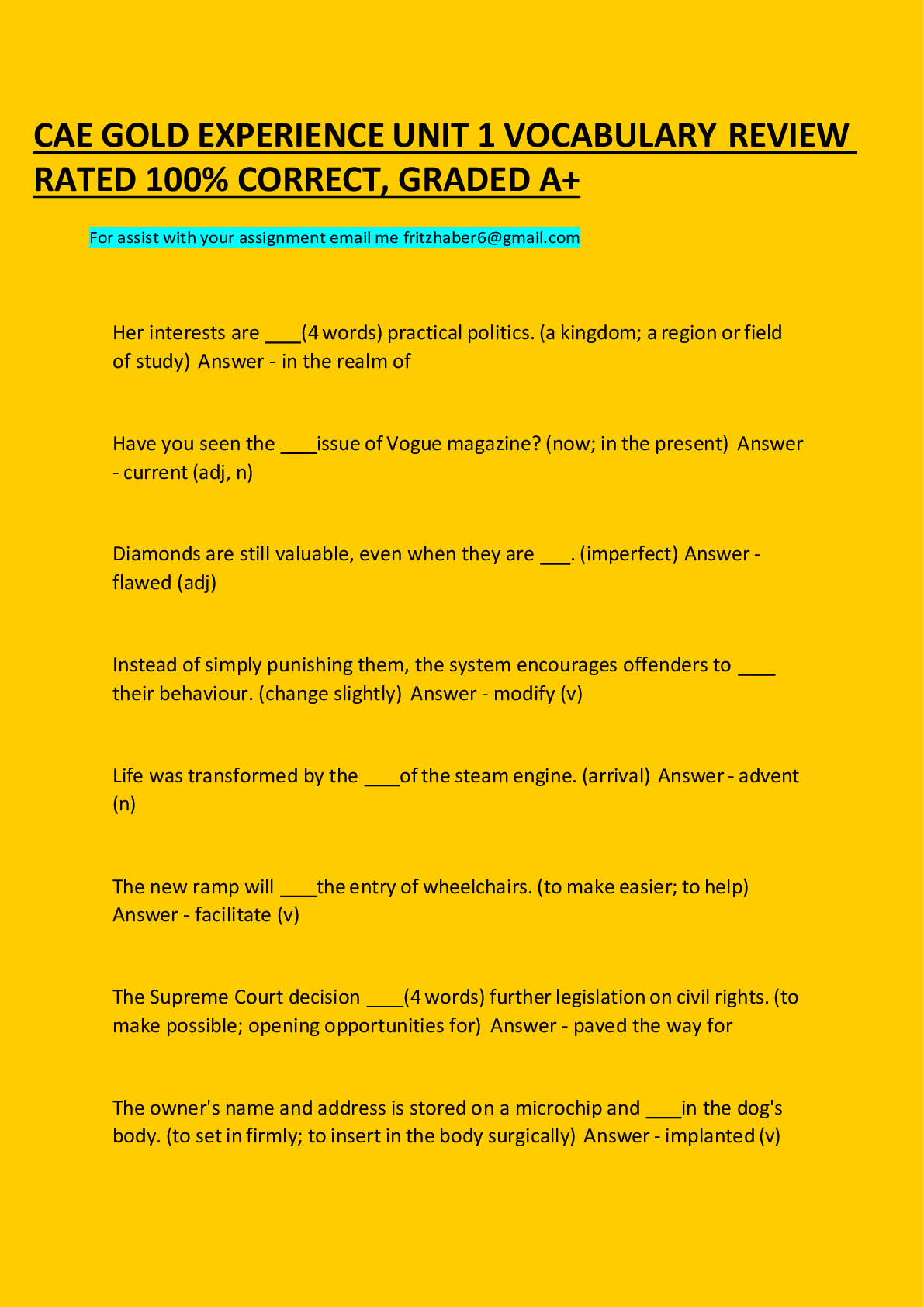 Preview image for CAE GOLD EXPERIENCE UNIT 1 VOCABULARY REVIEW RATED 100% CORRECT, GRADED A+