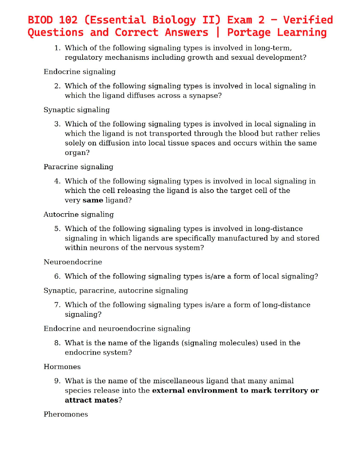 BIOD 102 (Essential Biology II) Exam 2 – Verified Questions and Correct Answers | Portage Learning