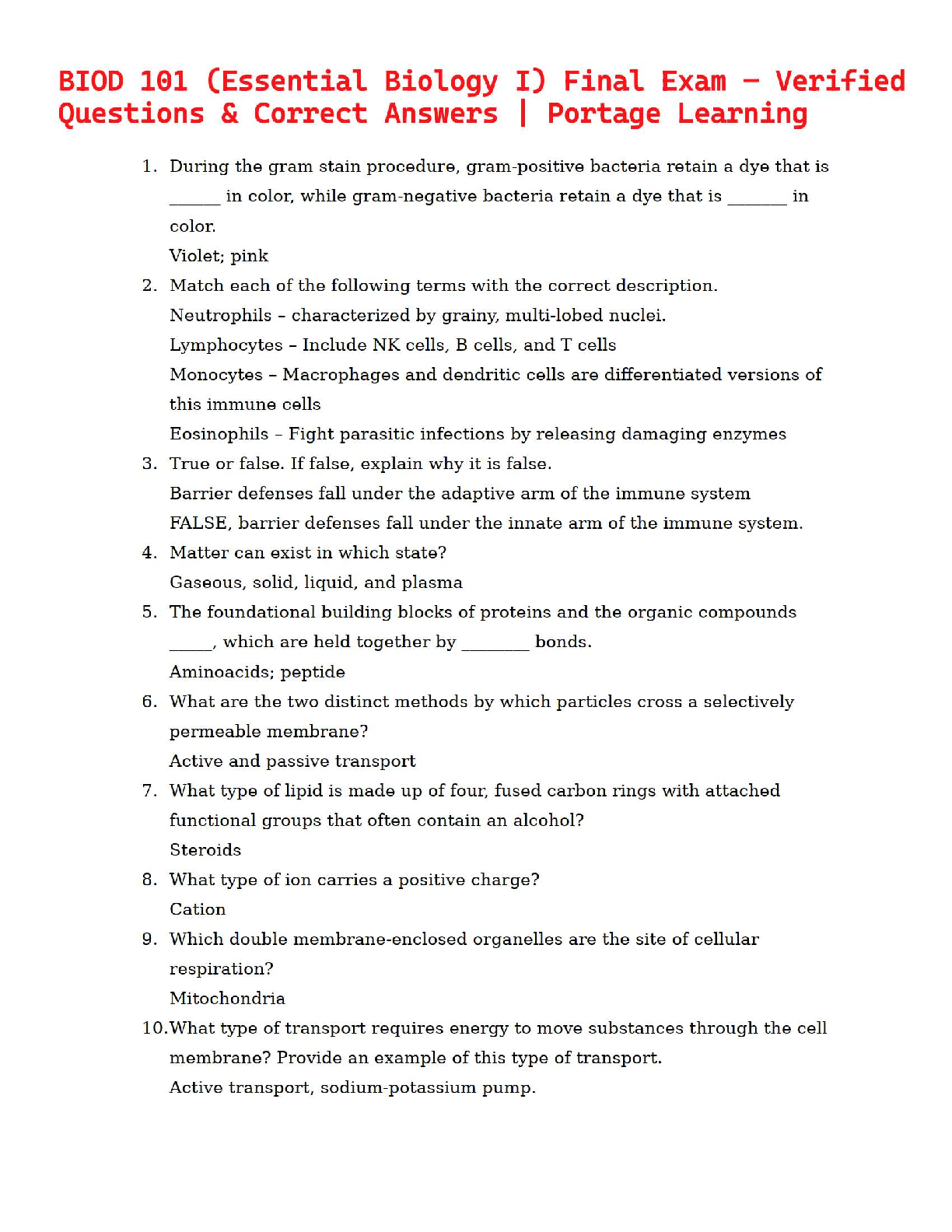 BIOD 101 (Essential Biology I) Final Exam – Verified Questions & Correct Answers | Portage Learning