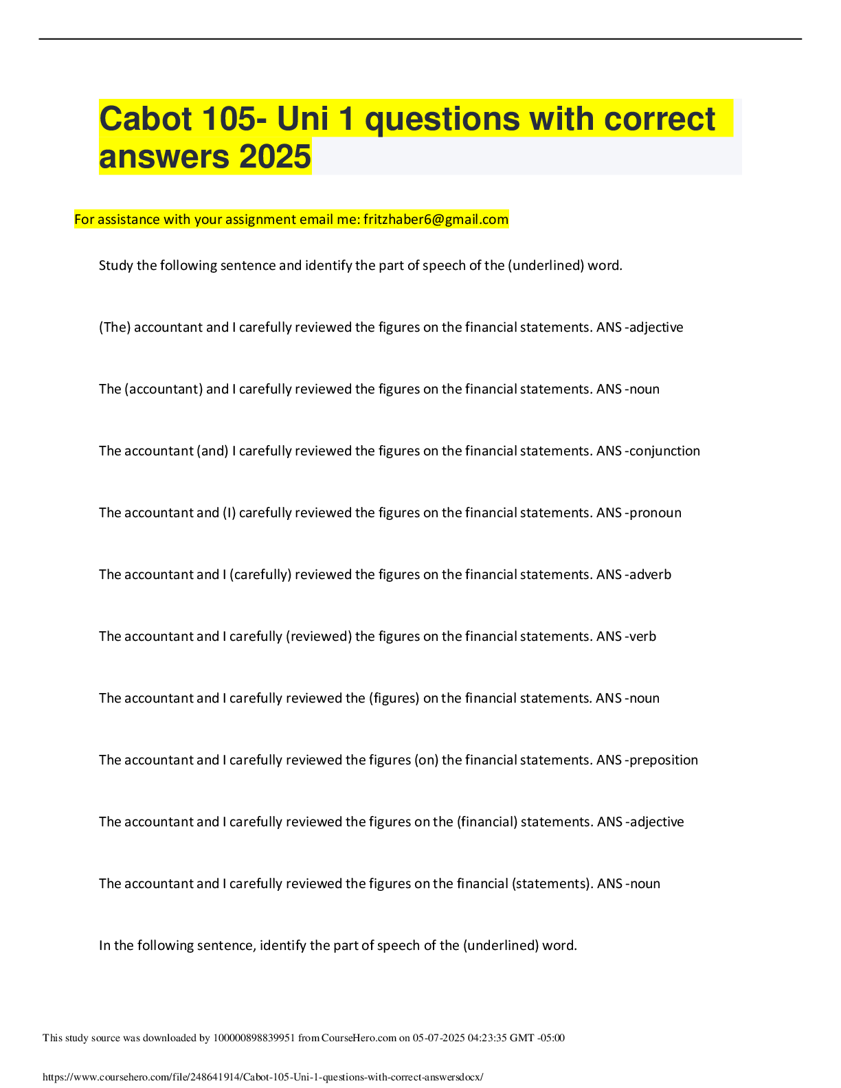 Preview image for Cabot 105 - Uni 1 questions with correct answers 2025