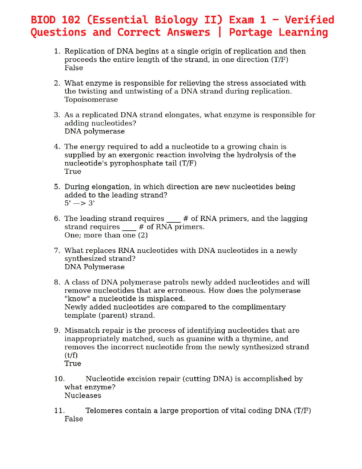 BIOD 102 (Essential Biology II) Exam 1 – Verified Questions and Correct Answers | Portage Learning