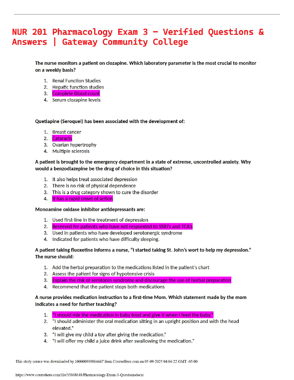 NUR 201 Pharmacology Exam 3 – Verified Questions & Answers | Gateway Community College