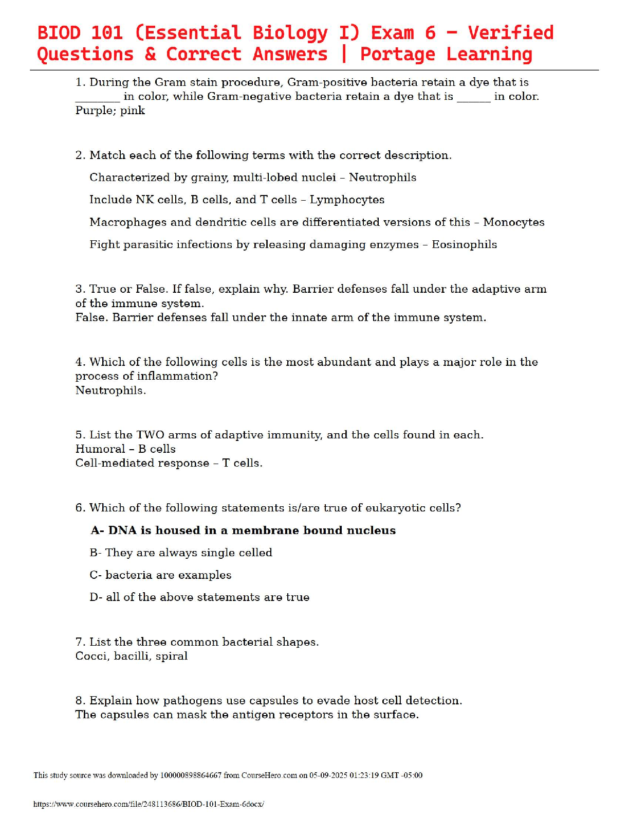 BIOD 101 (Essential Biology I) Exam 6 – Verified Questions & Correct Answers | Portage Learning