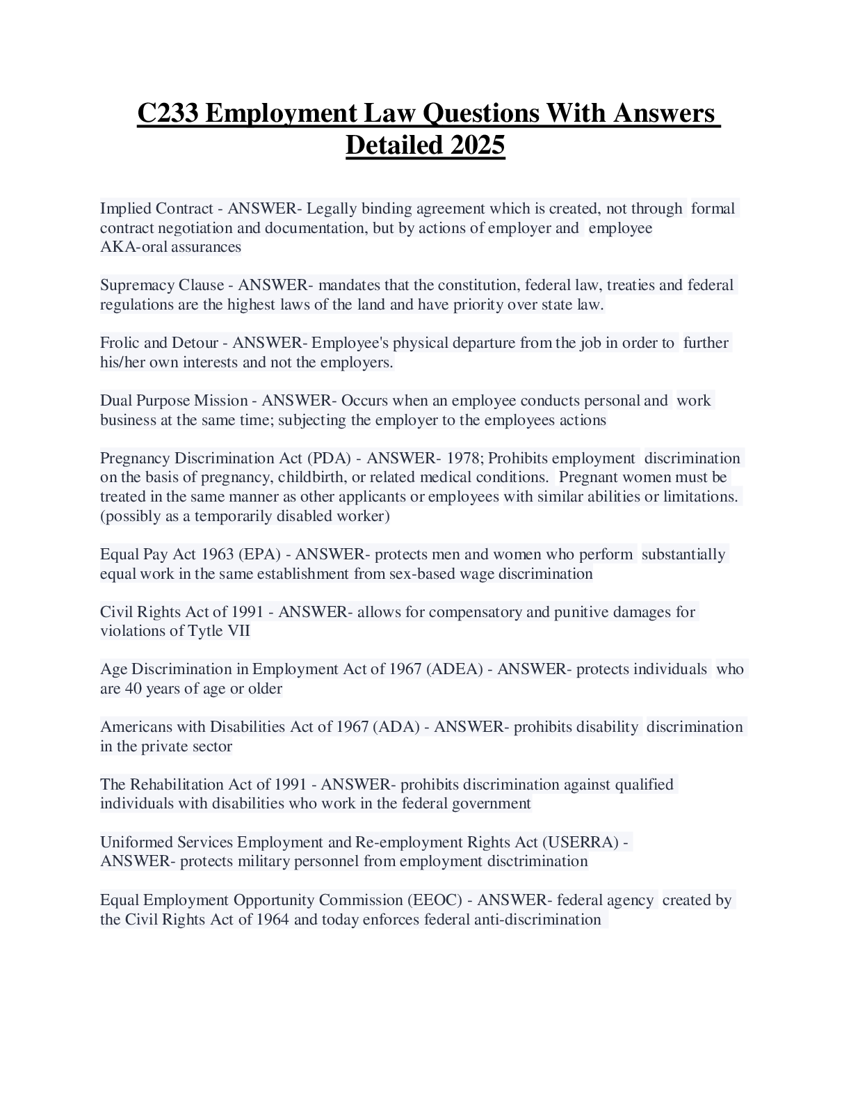 Preview image for C233 Employment Law Questions With Answers Detailed 2025