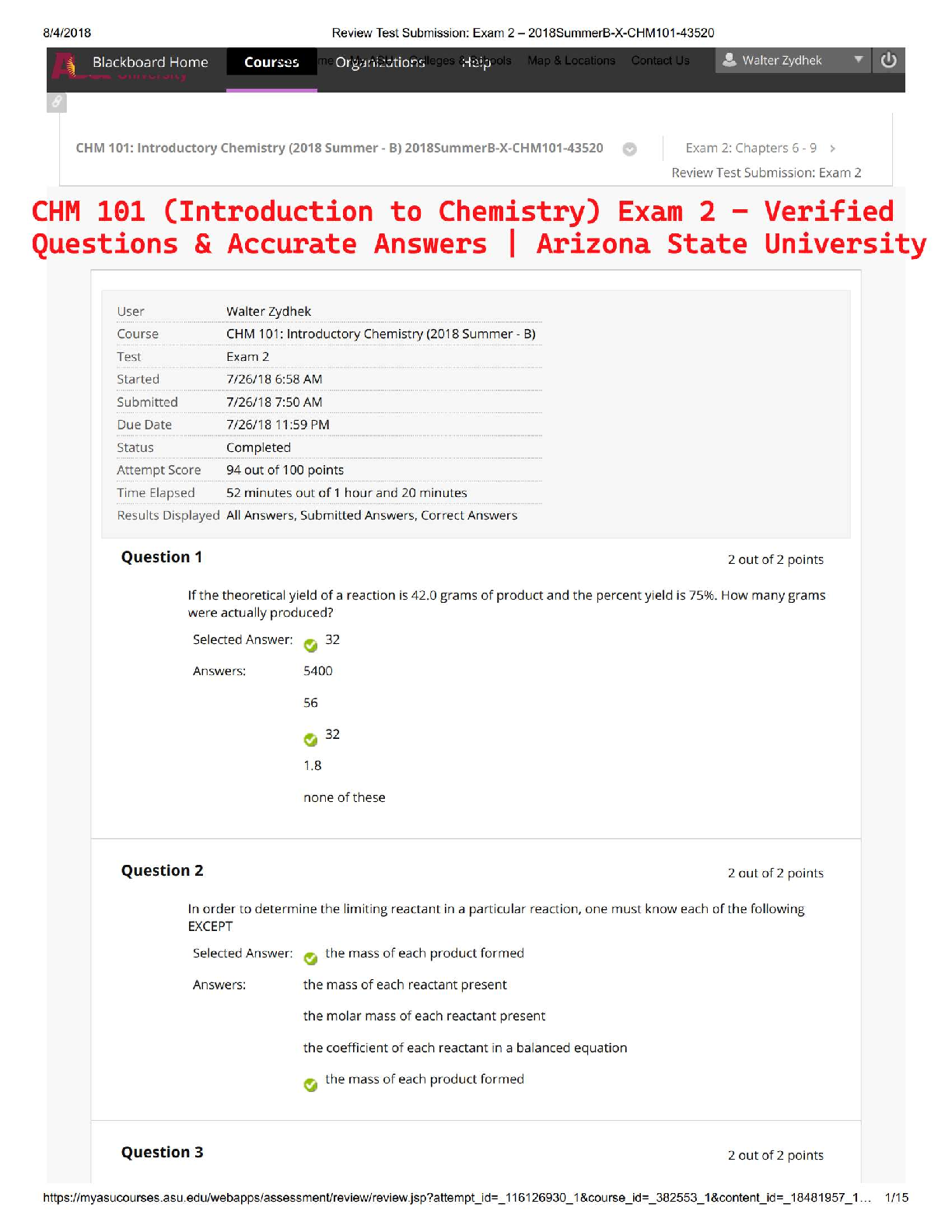CHM 101 (Introduction to Chemistry) Exam 2 – Verified Questions & Accurate Answers | Arizona State University
